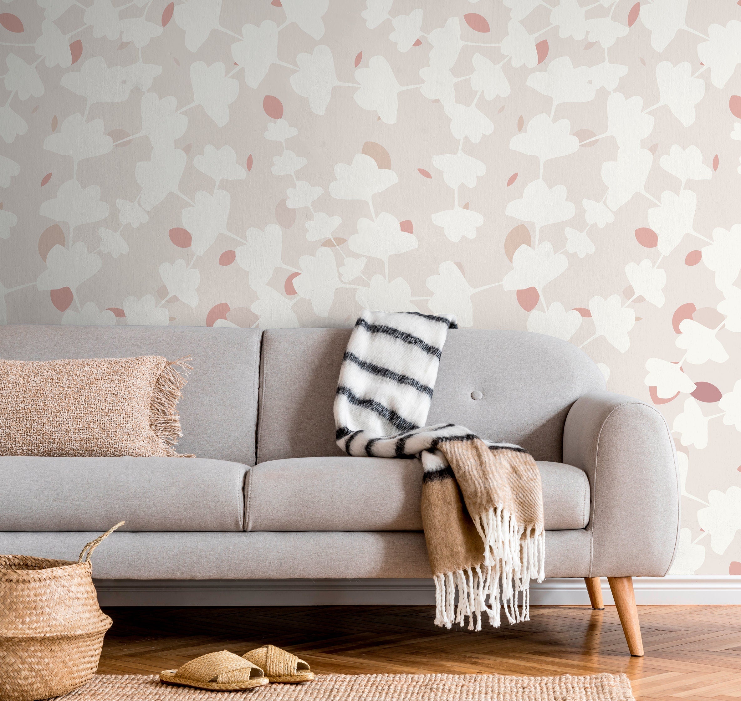 Abstract Wallpaper Featuring Minimalist Leaf Shapes In Beige, Pink, And Gray - X014