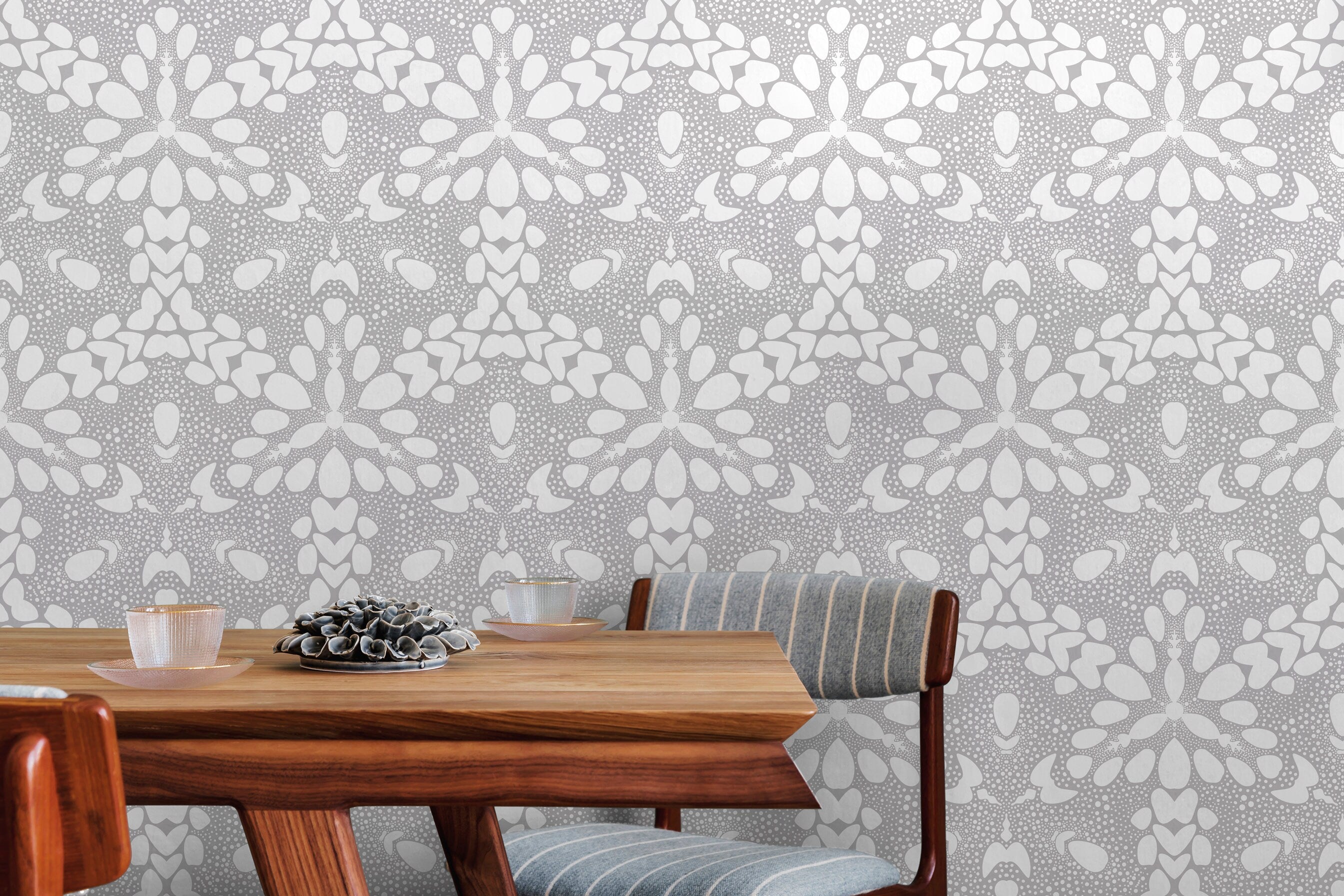 Abstract Wallpaper With A Dotted Kaleidoscopic Motif In Light Gray And White - X030
