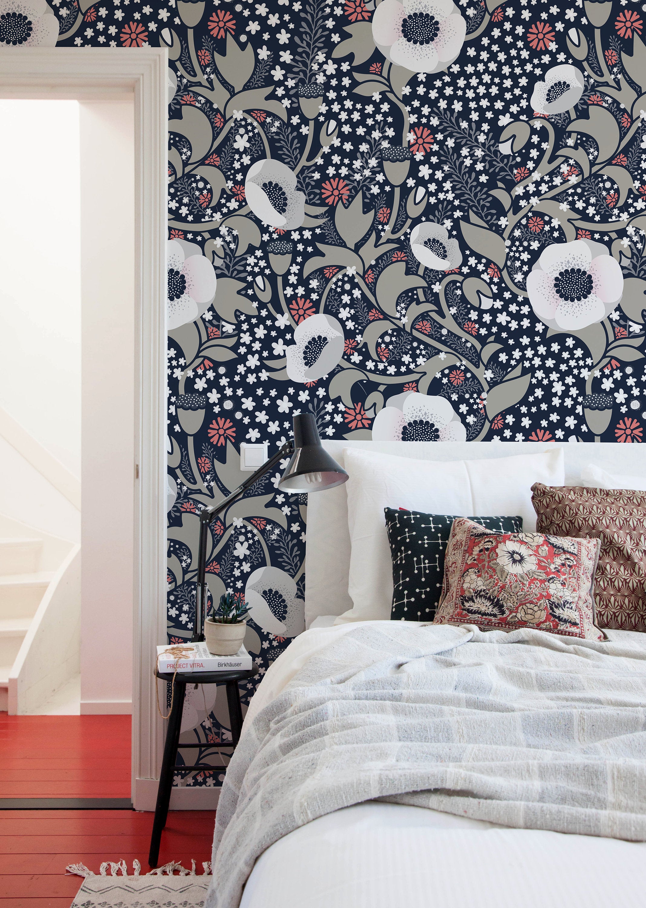 Floral Wallpaper With Stylized Anemones In Navy Blue, Coral, And Gray - X033