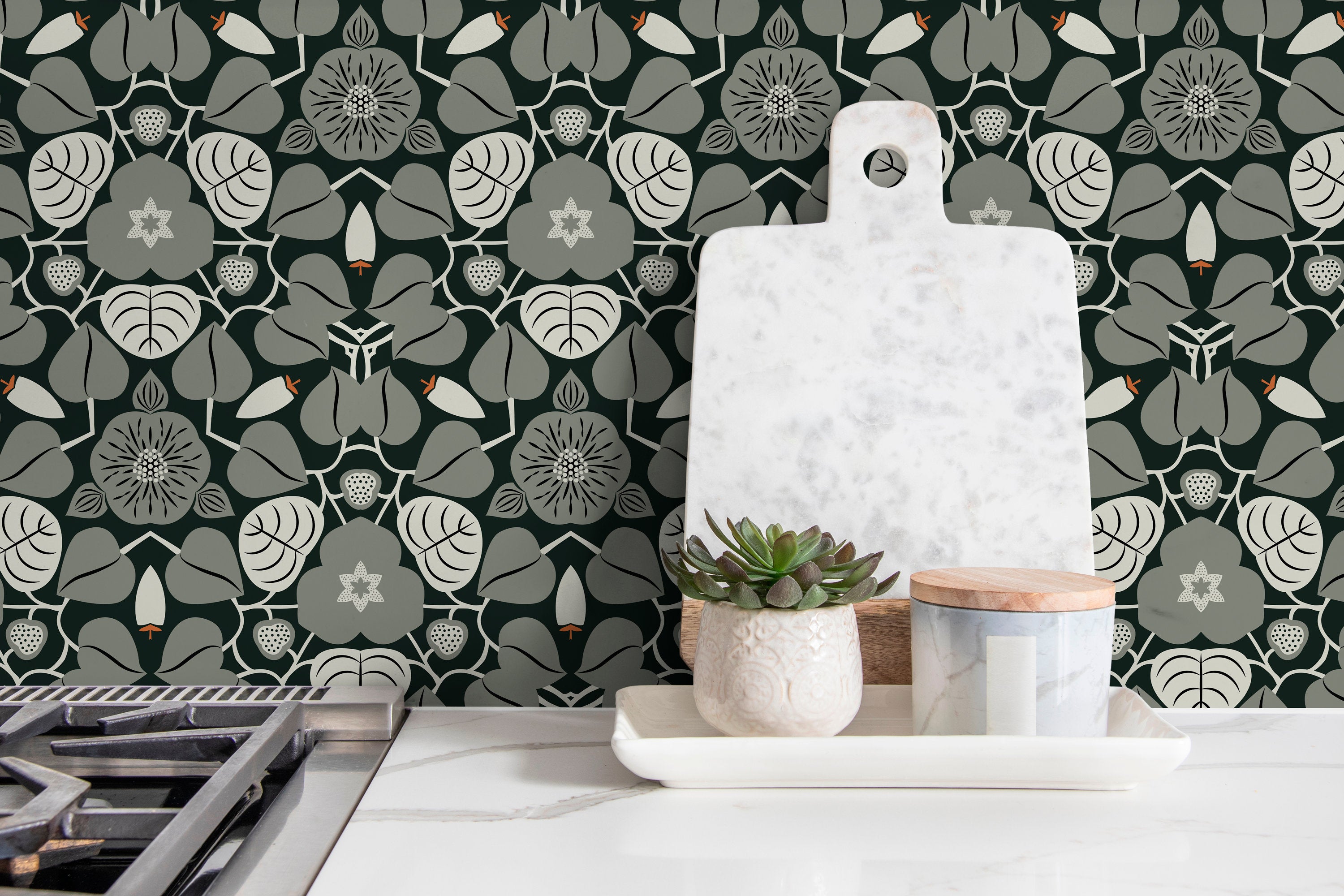 Art Nouveau Wallpaper Featuring Stylized Florals In Black And Gray - X040