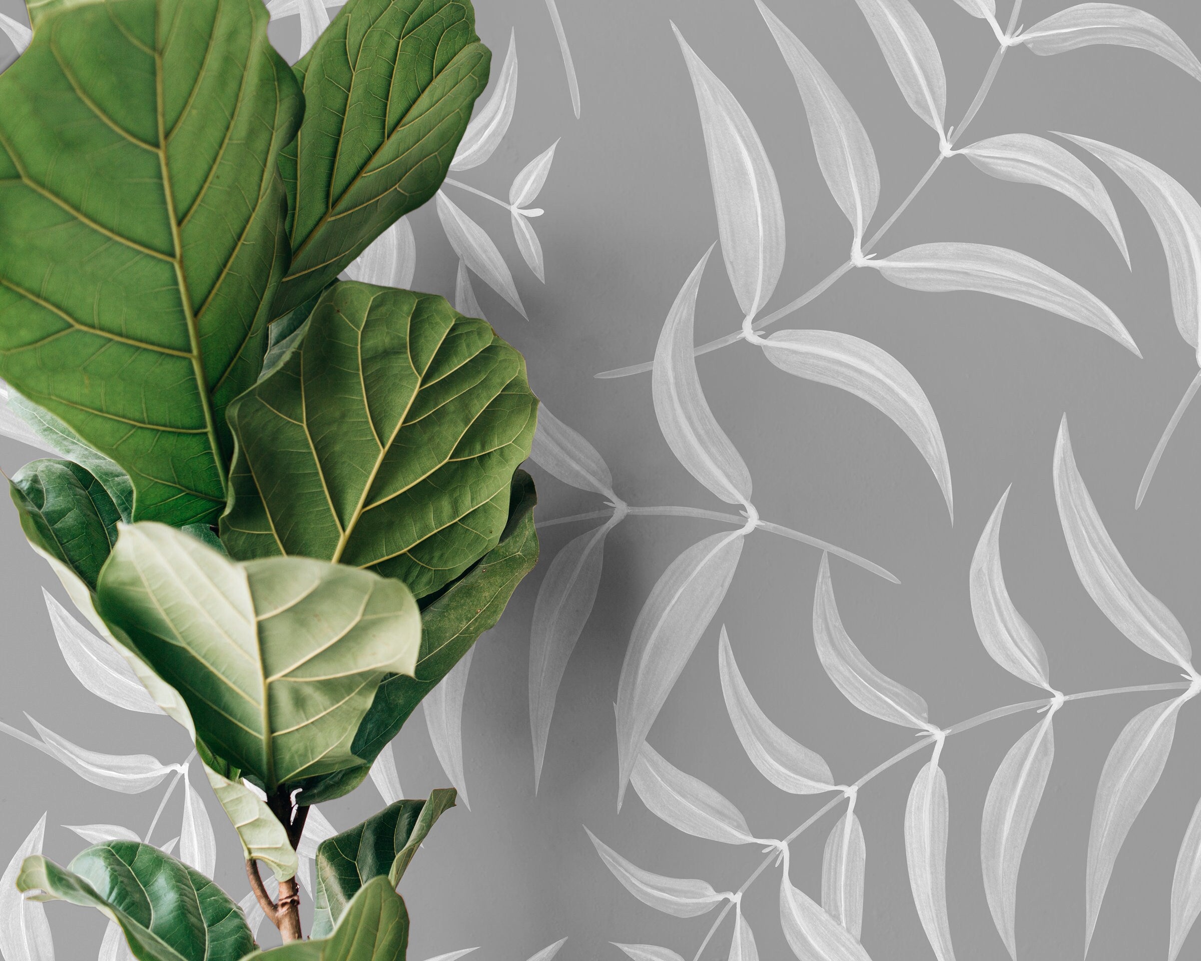 Botanical Wallpaper With A Minimalist Leaf Pattern In Gray And White - X036