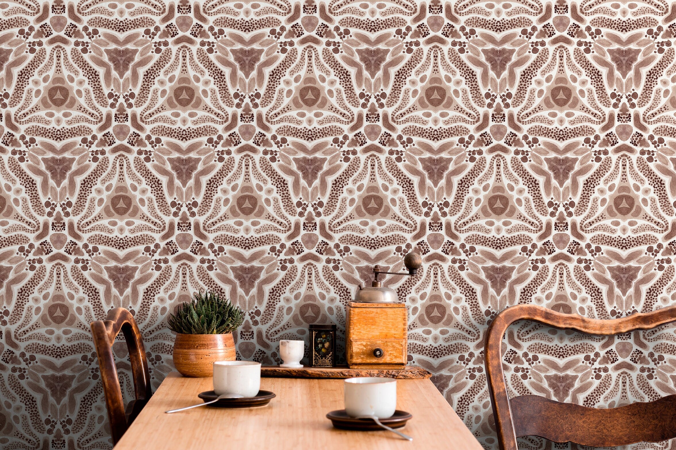 Abstract Wallpaper With A Bohemian Kaleidoscope Motif In Brown And Taupe - X042