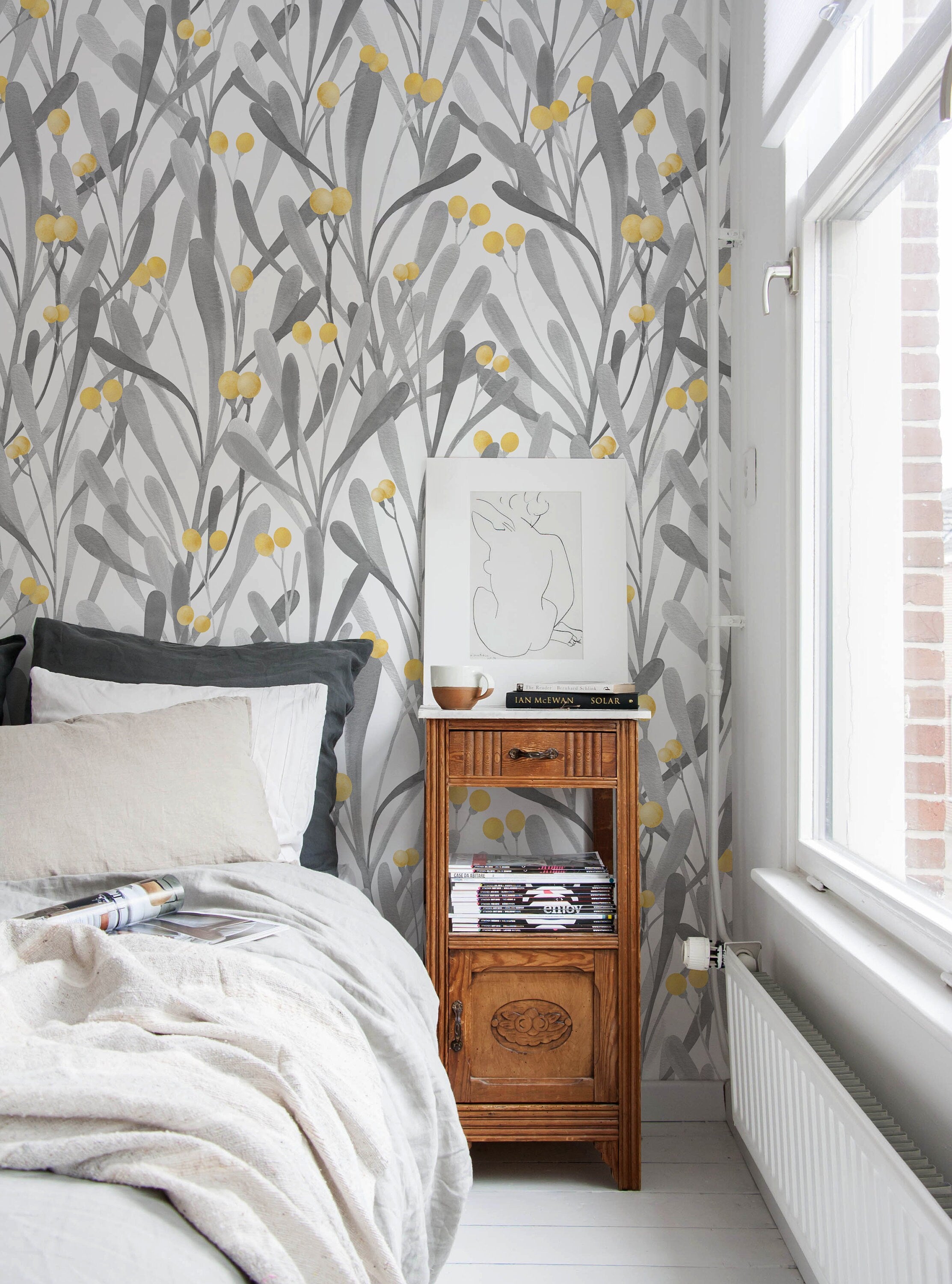 Botanical Wallpaper With Abstract Leaves And Berries In Grey And Yellow - X062