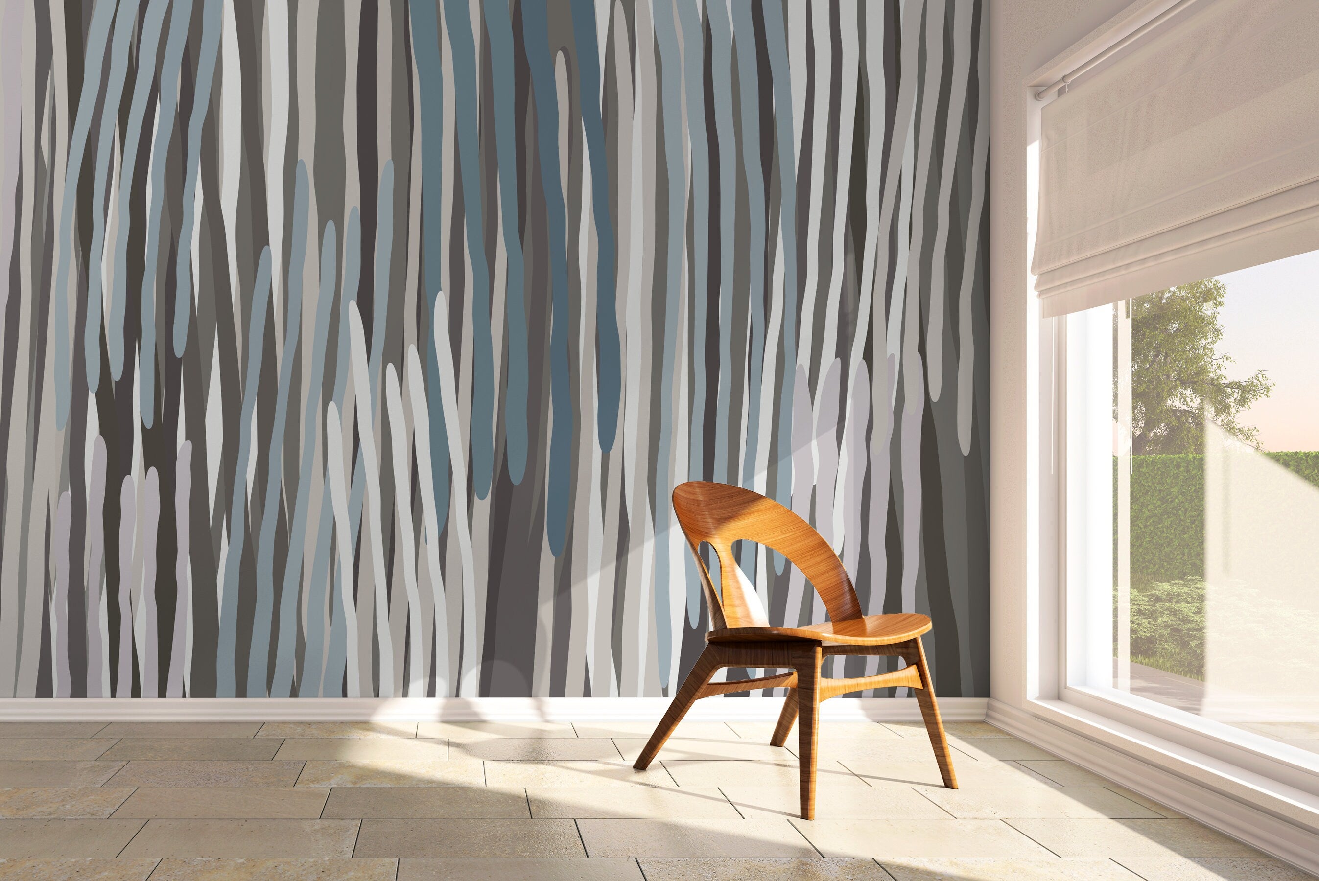 Abstract Wallpaper With An Organic Stripe Motif In Blue, Gray, And Taupe - X065