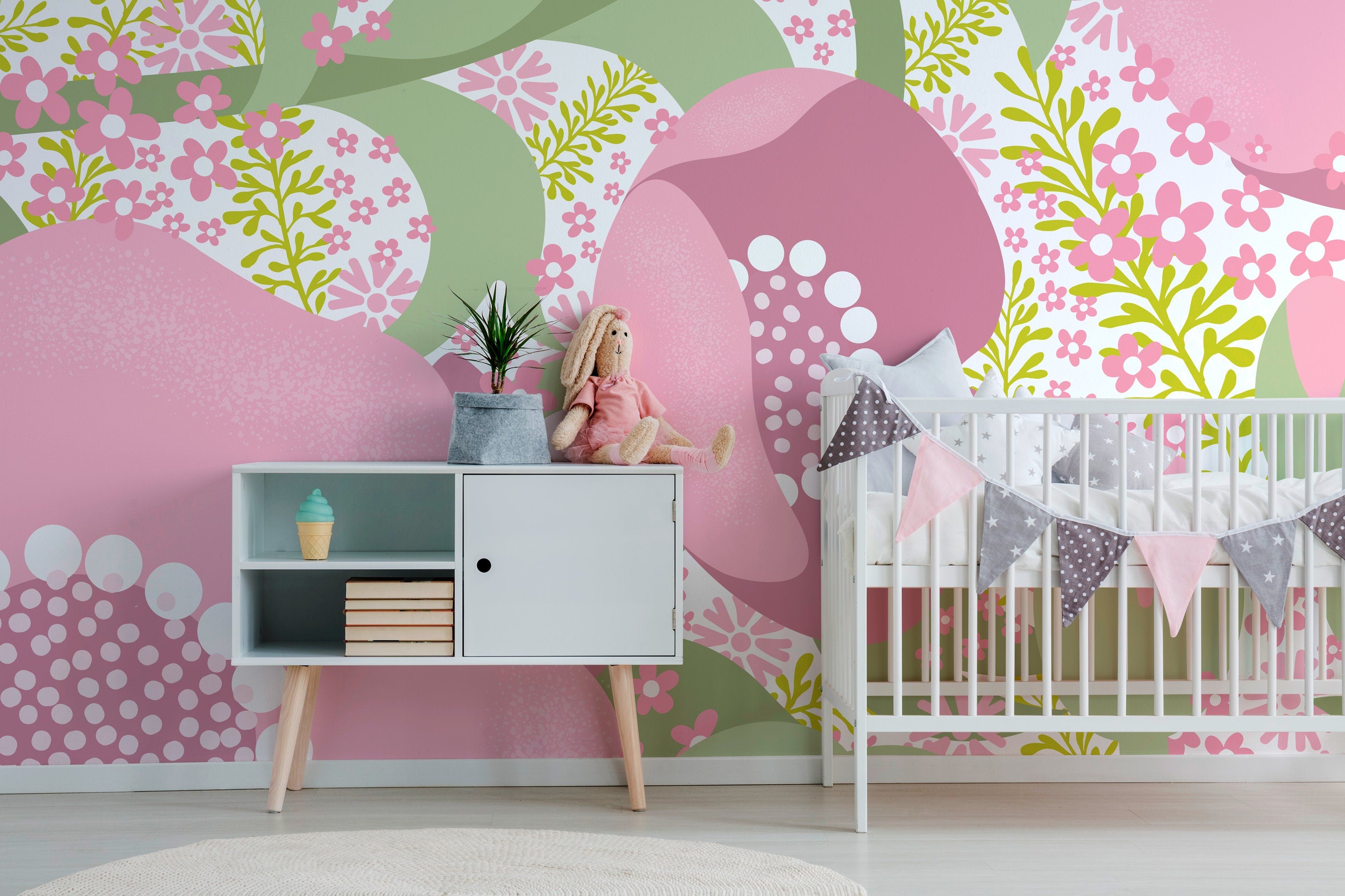 Abstract Floral Wallpaper With A Modern Collage In Pink And Green - X068