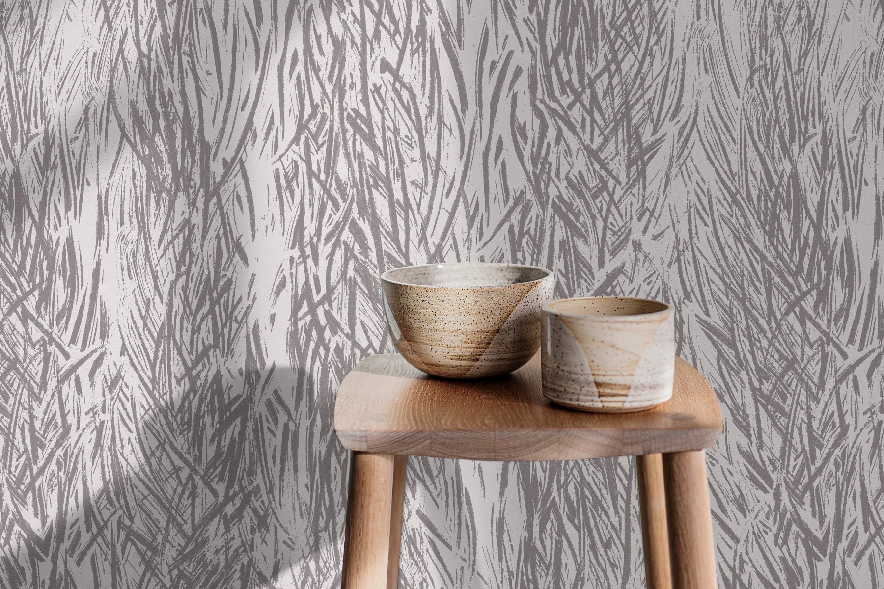 Abstract Wallpaper With Organic Brush Strokes In Taupe And Grey - X071