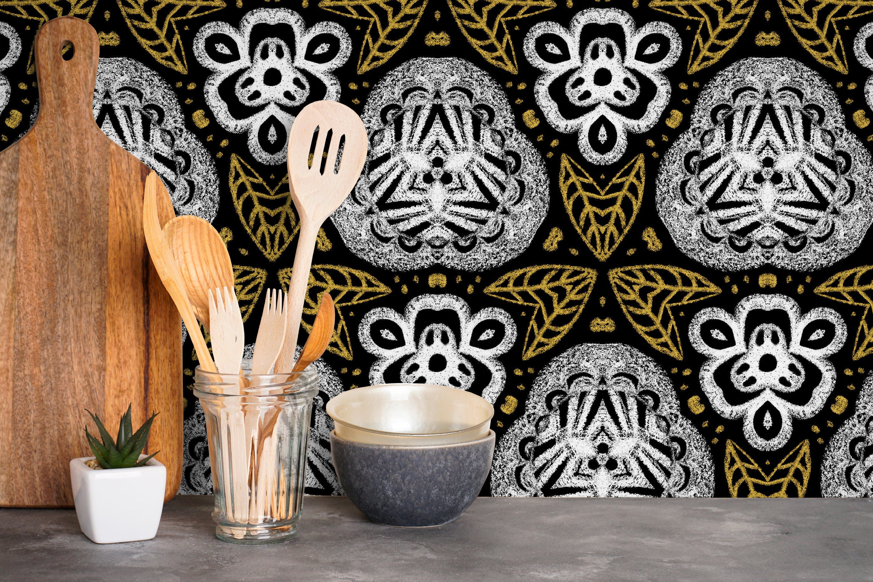 Bohemian Wallpaper With A Chalk Drawn Folk Art Motif In Black, White, And Gold - X082