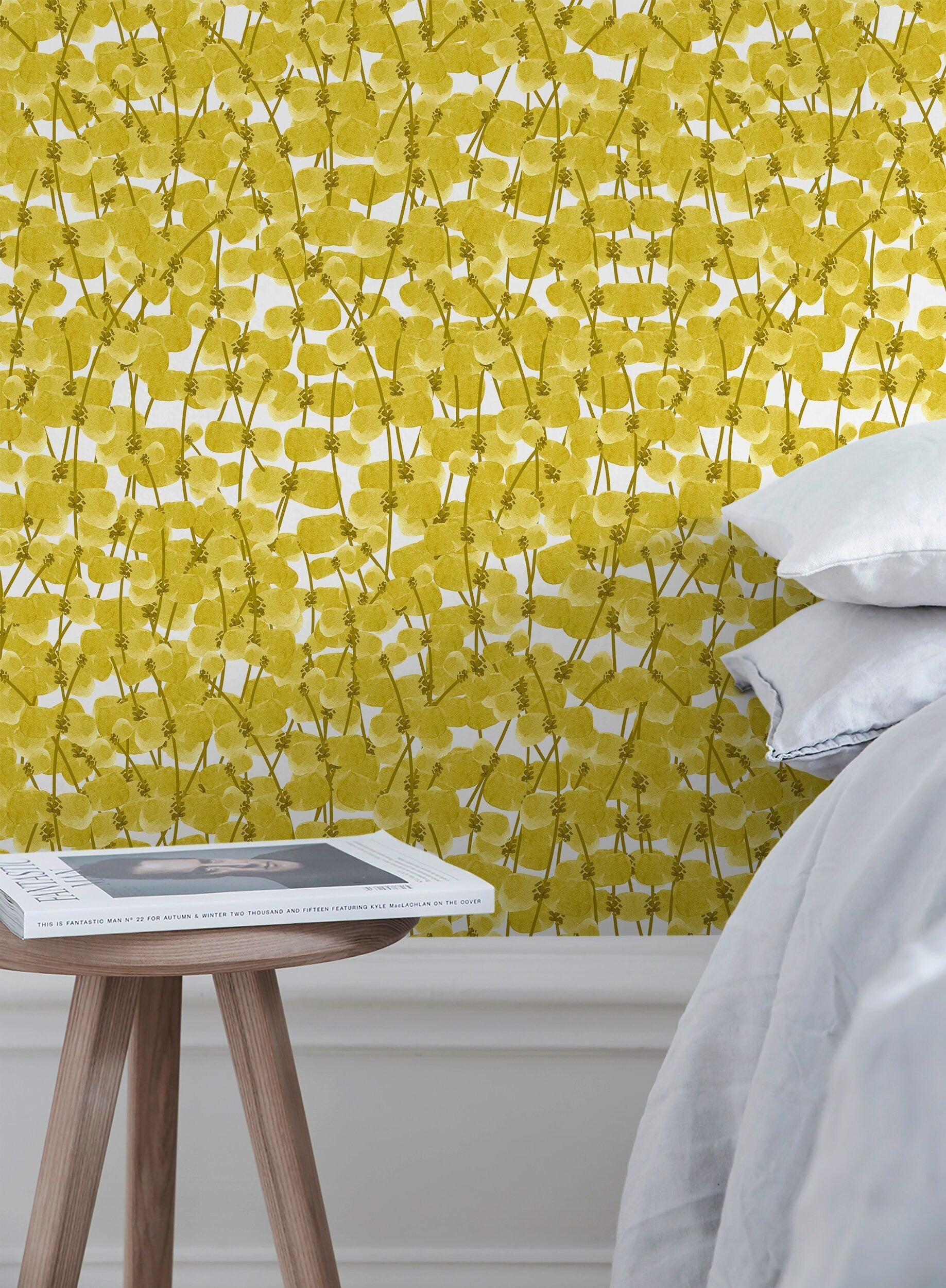 Botanical Wallpaper With Watercolor Style Leaves In Yellow And Olive - X006
