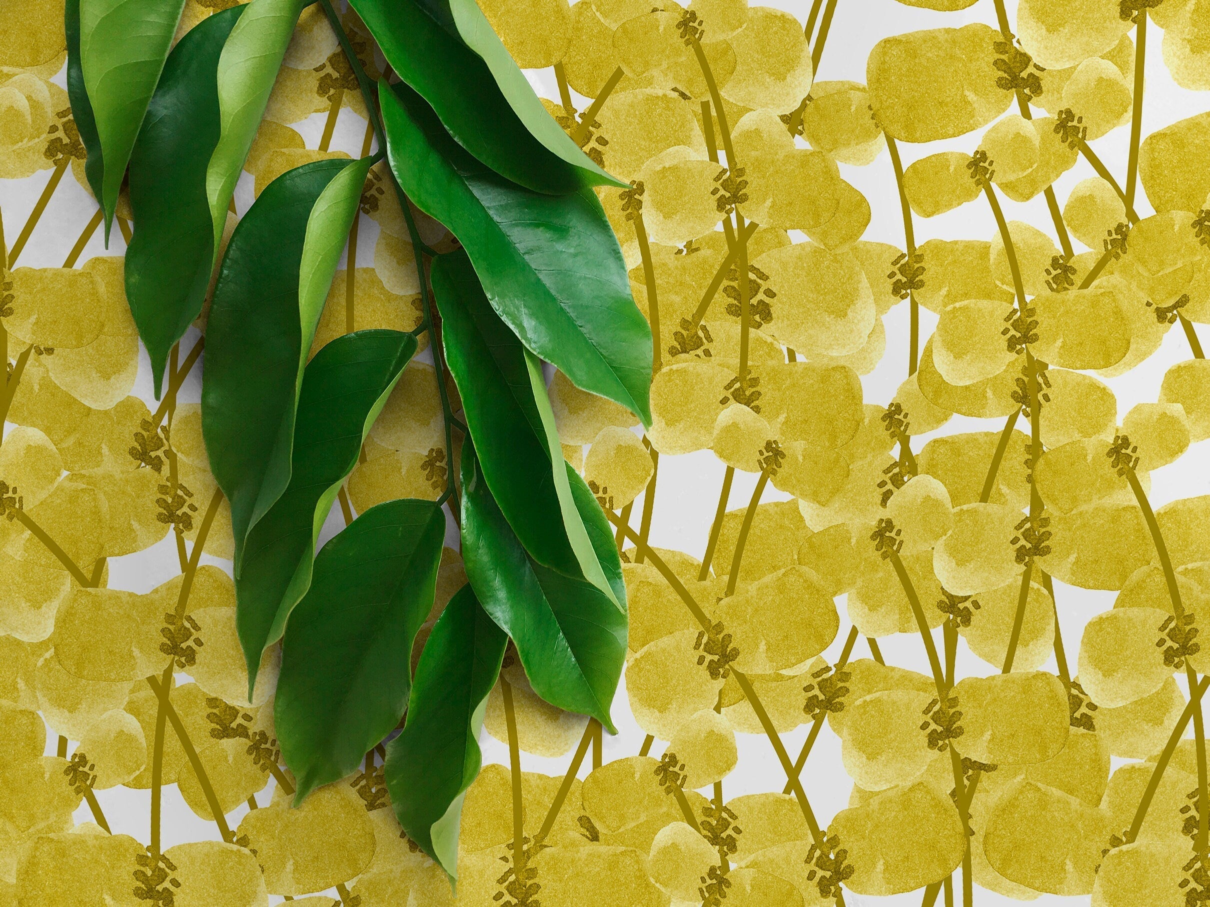 Botanical Wallpaper With Watercolor Style Leaves In Yellow And Olive - X006