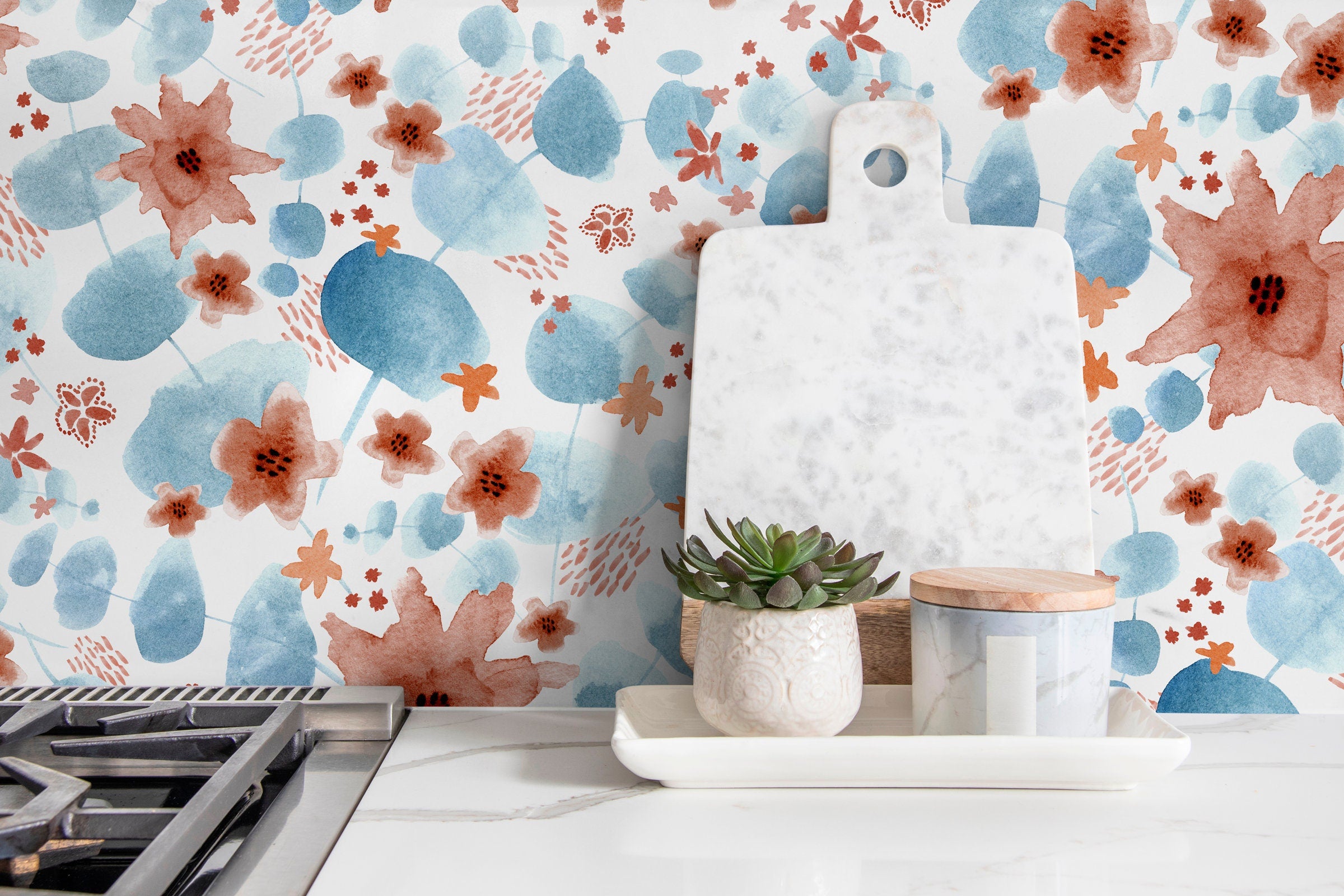 Abstract Wallpaper With Watercolor Florals In Blue And Terracotta - X003
