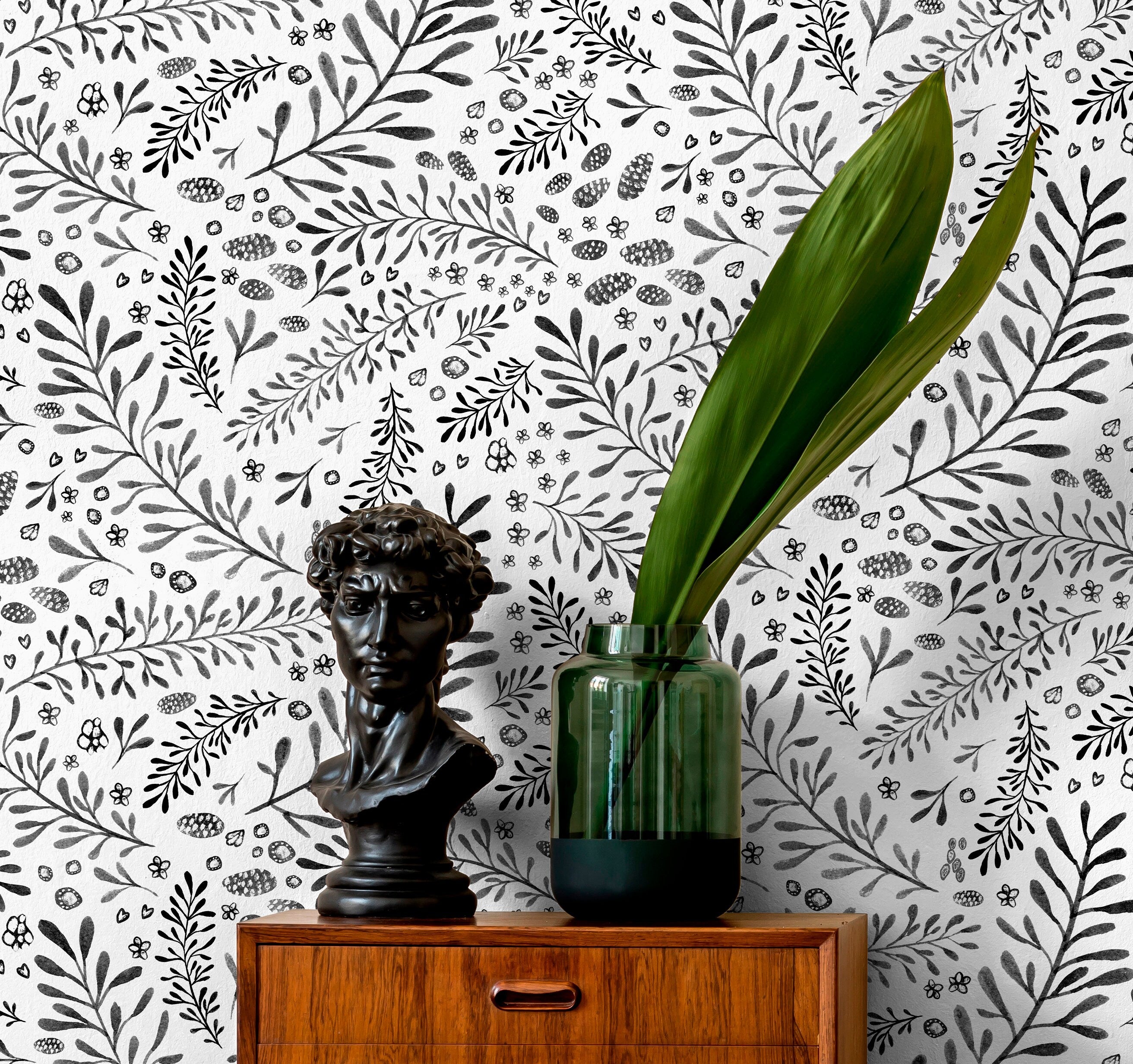 Botanical Wallpaper With Hand-drawn Florals And Leaves In Black And Gray - X002