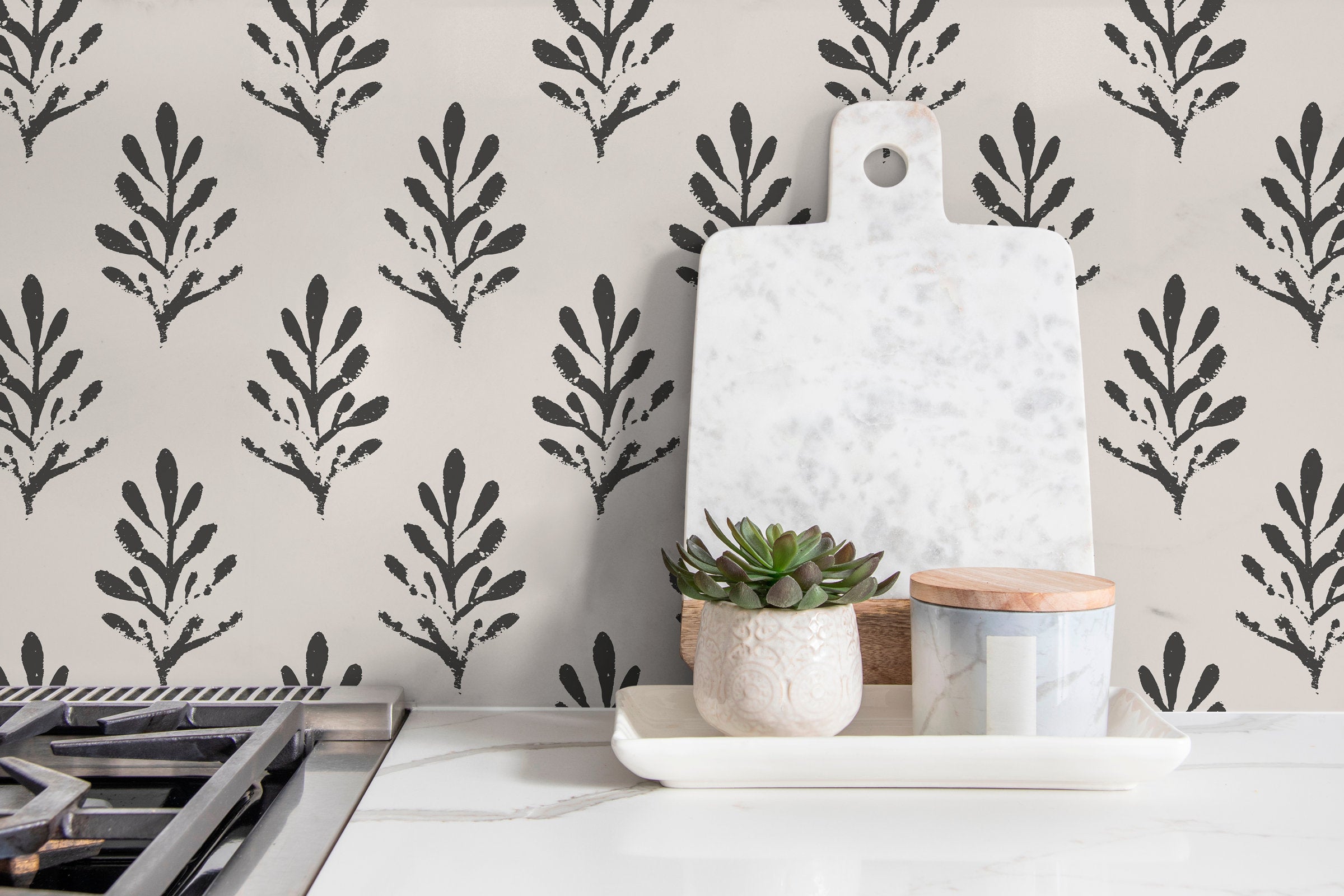 Botanical Wallpaper With A Block Print Leaf Motif In Black And Beige - X004