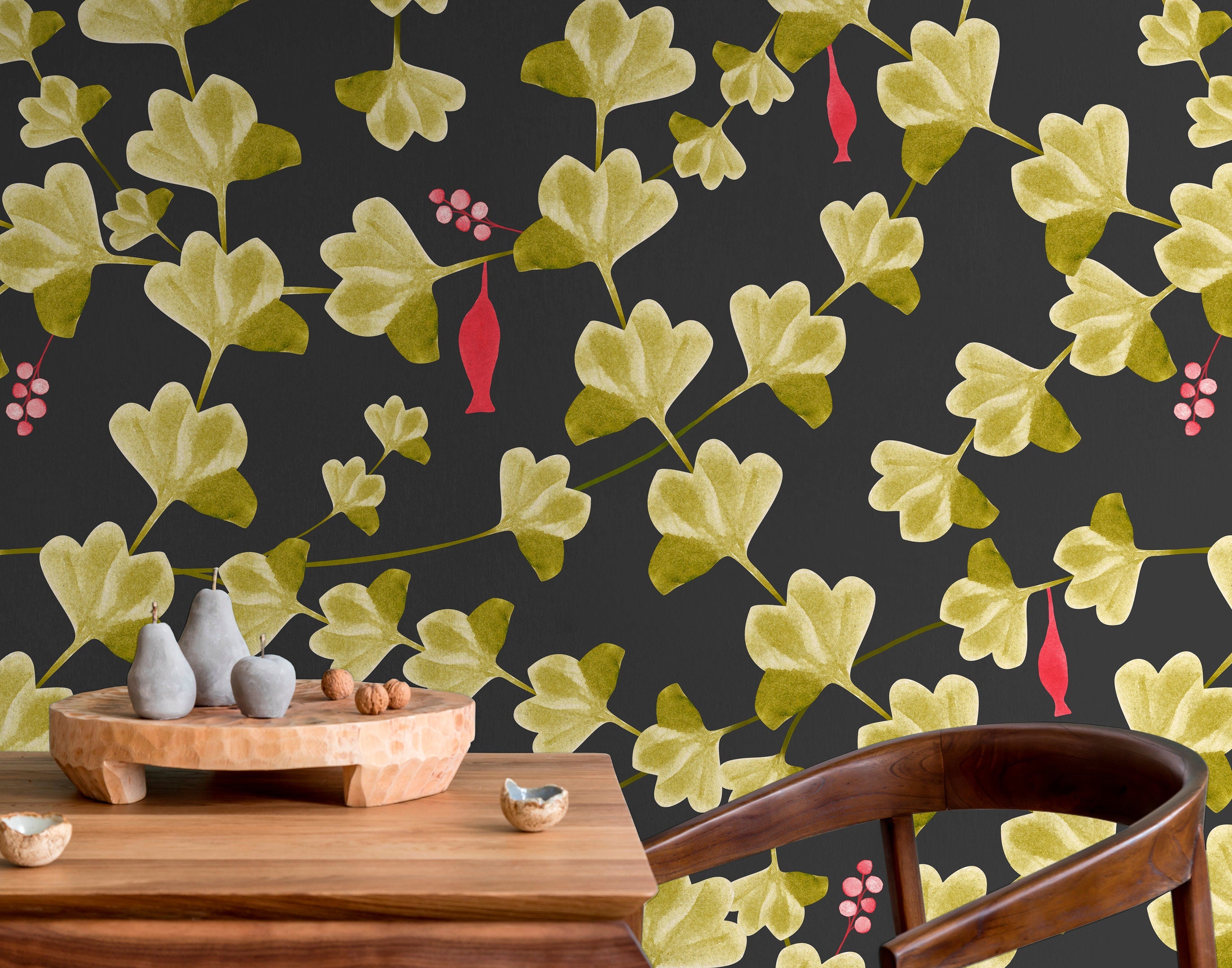 Botanical Wallpaper With Ginkgo Leaves And Berries In Black, Green, And Red - X012