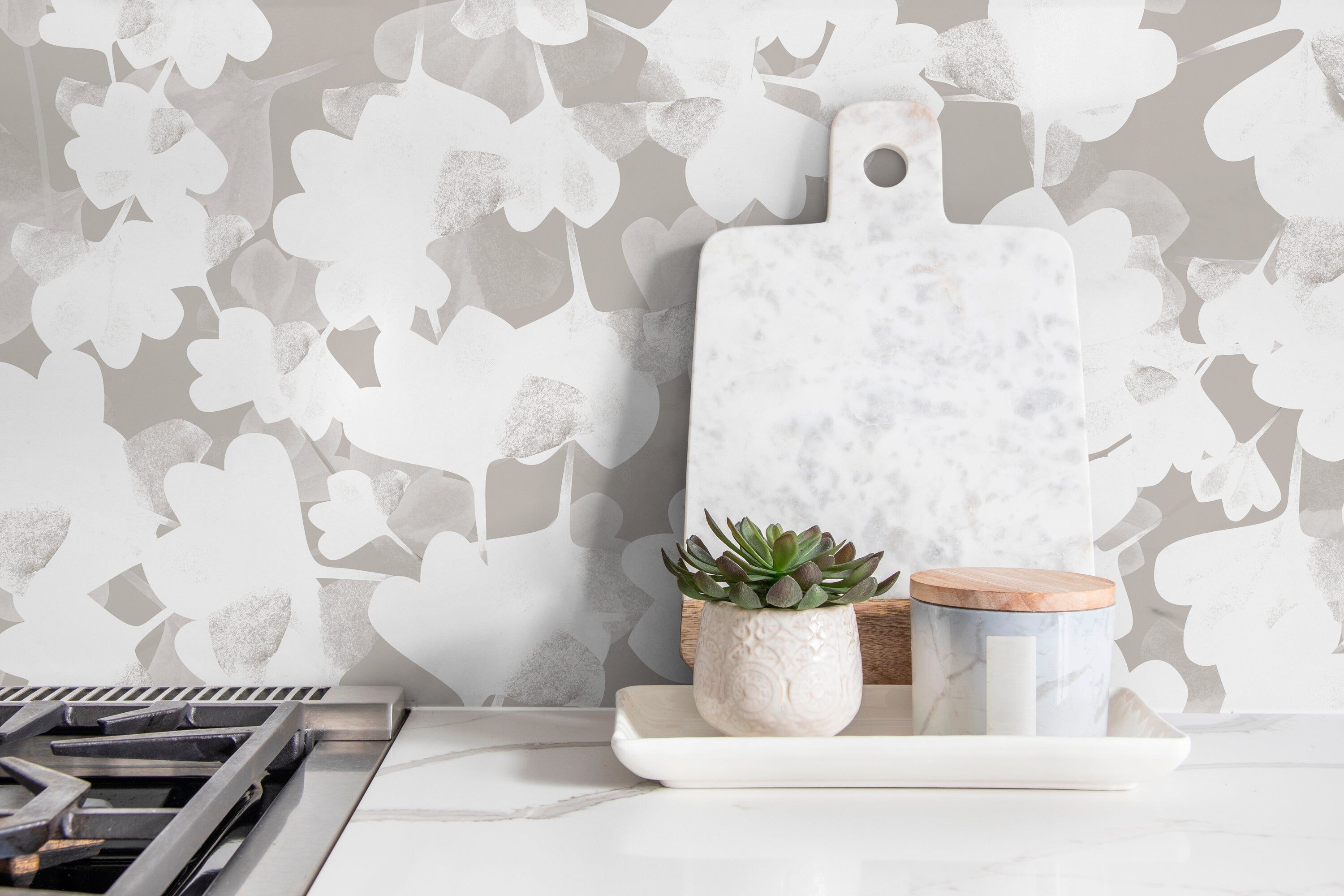 Botanical Wallpaper With Abstract Ginkgo Leaf Silhouettes In Greige And Off-white - X017