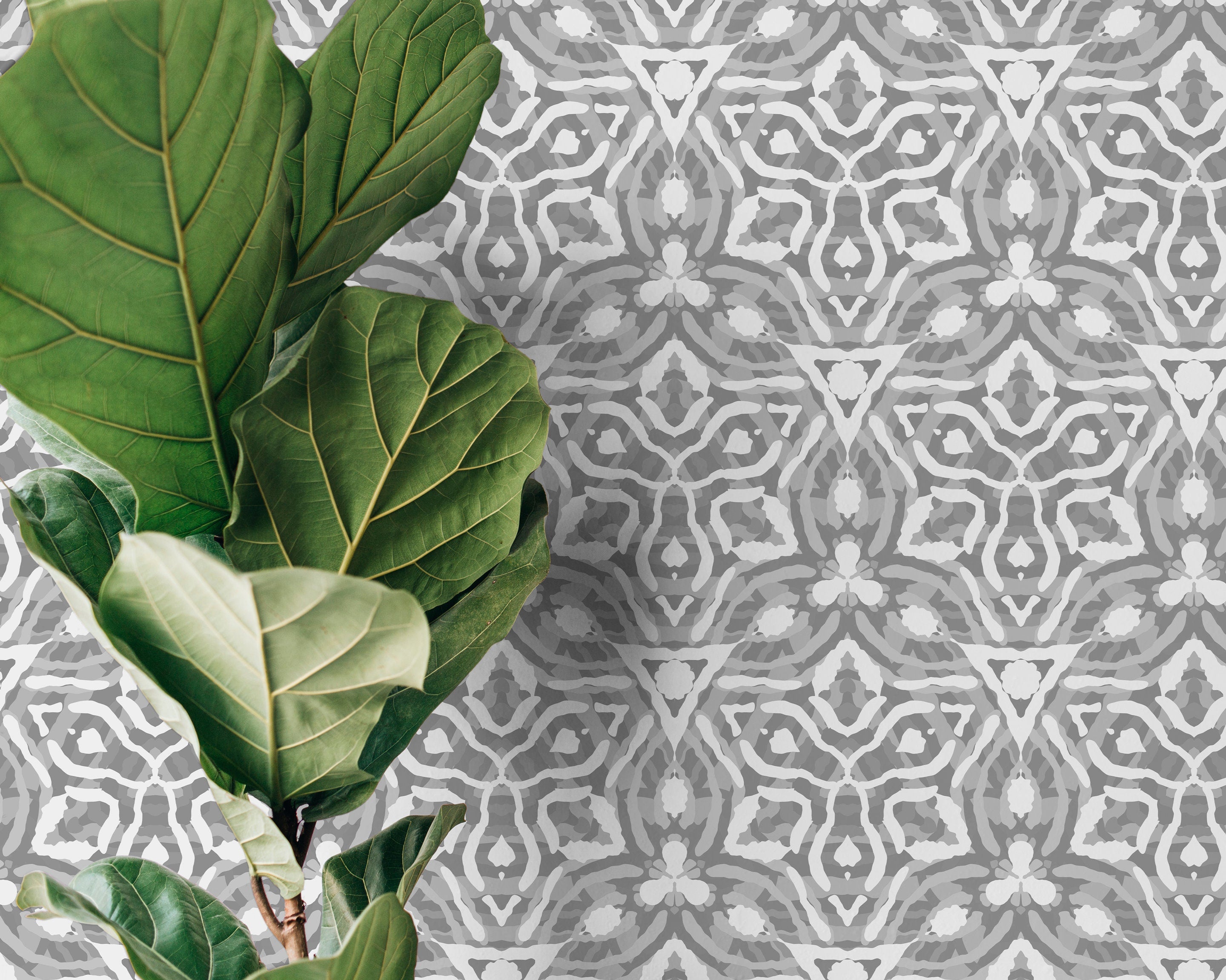 Geometric Wallpaper With A Tribal Kaleidoscope Motif In Gray And White - X028