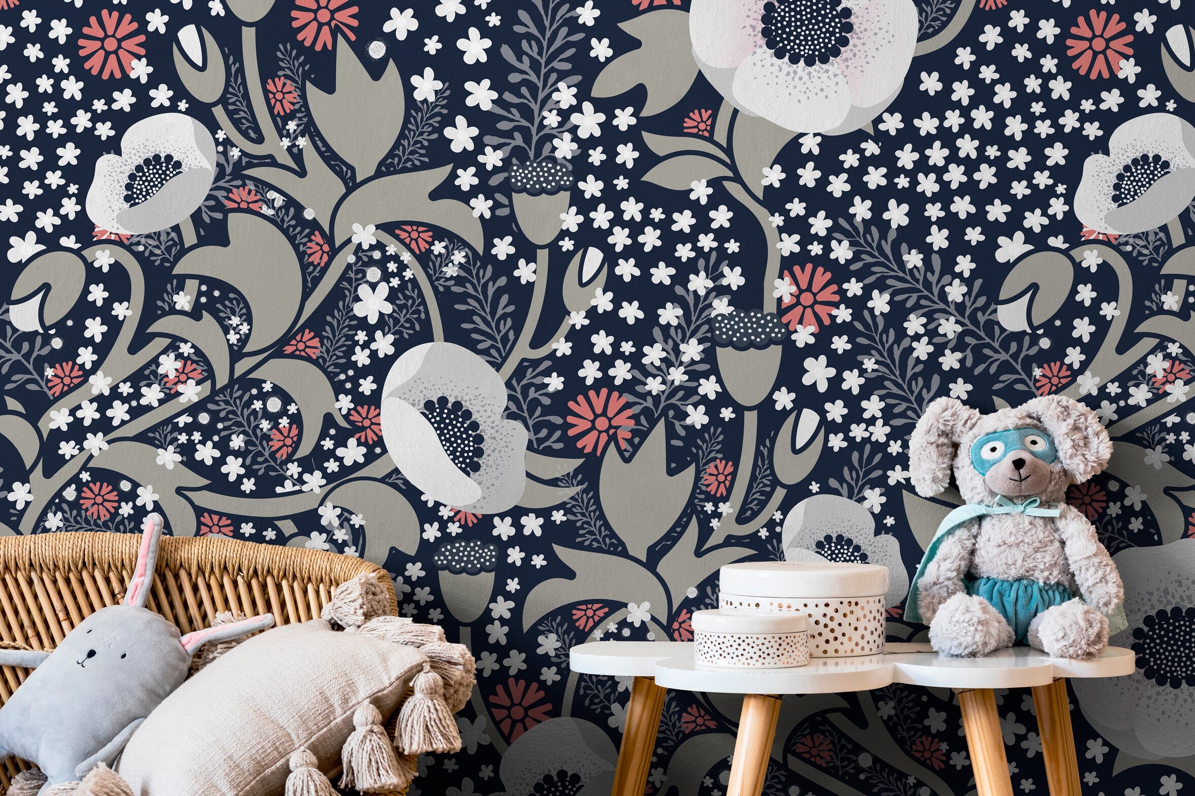 Floral Wallpaper With Stylized Anemones In Navy Blue, Coral, And Gray - X033