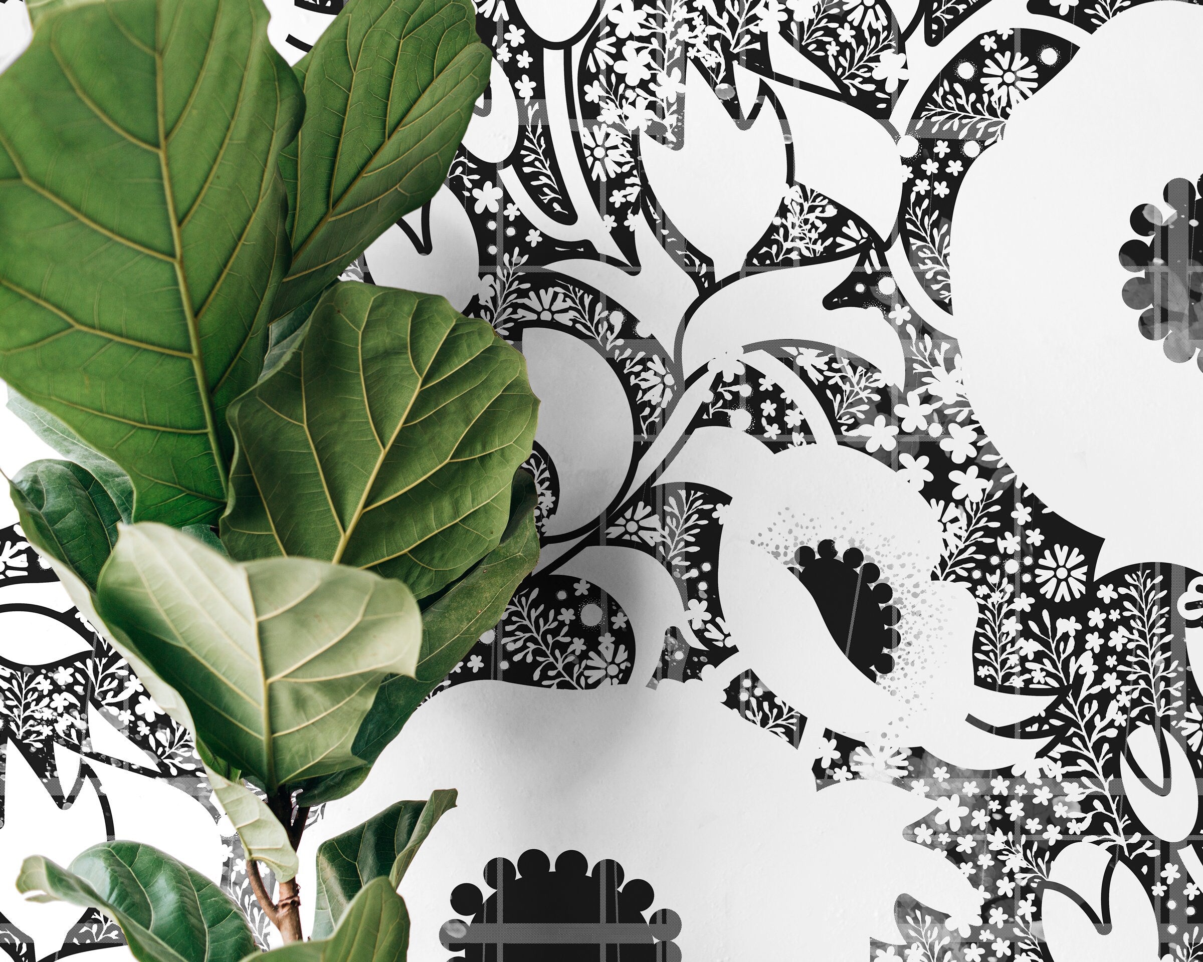 Floral Wallpaper With A Graphic Collage Motif In Black And White - X032