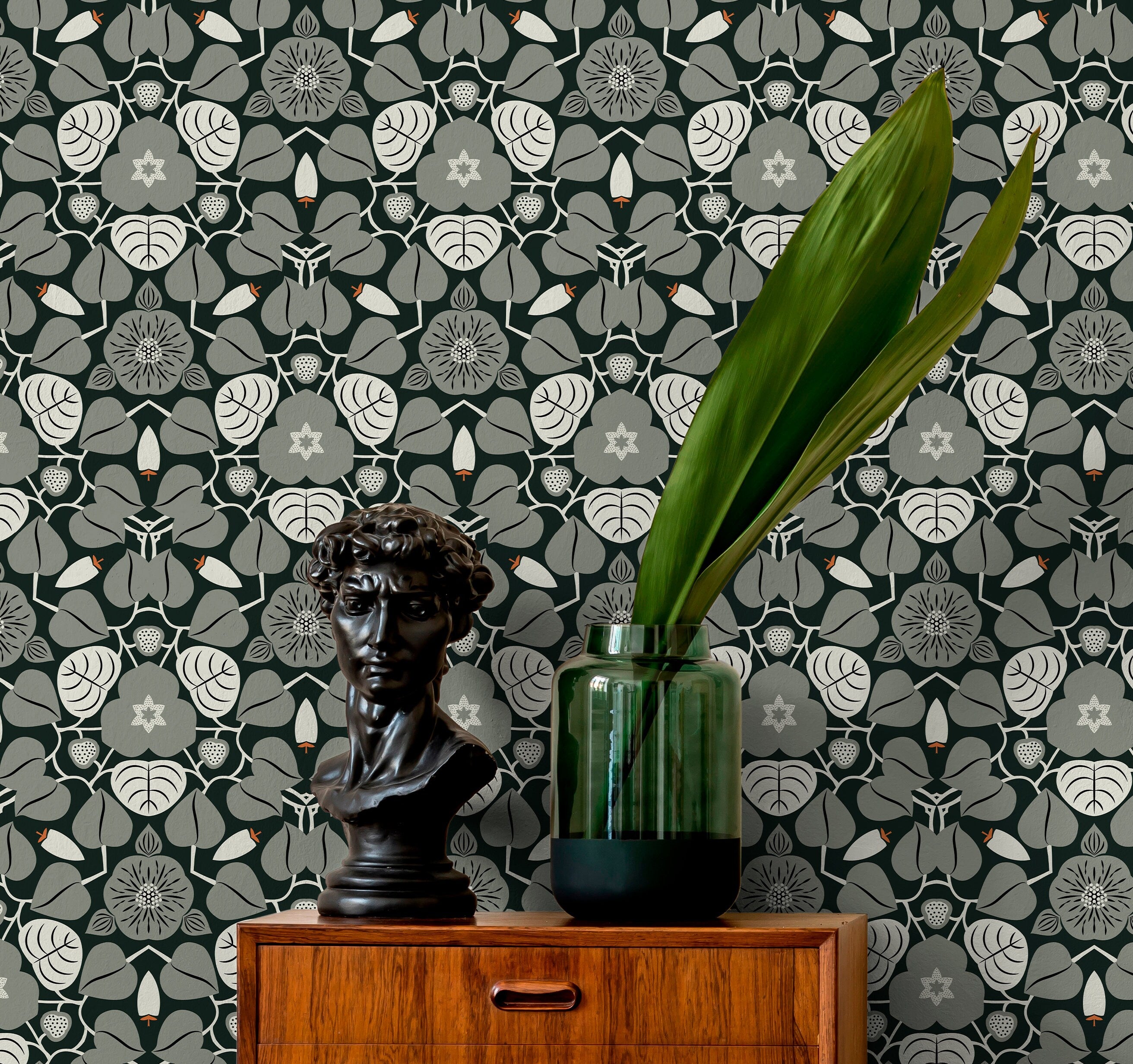 Art Nouveau Wallpaper Featuring Stylized Florals In Black And Gray - X040