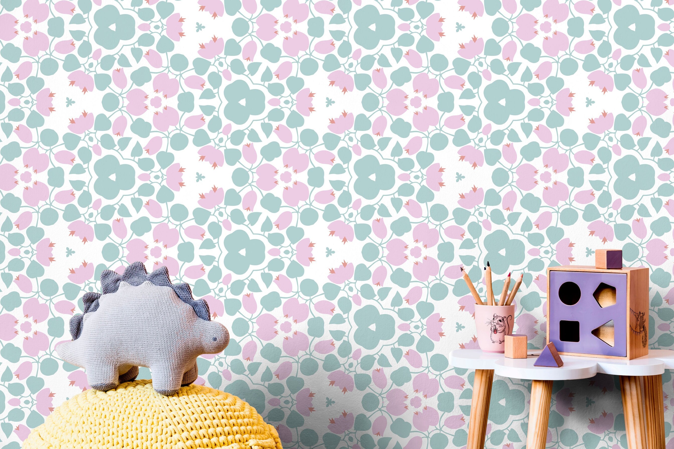 Floral Wallpaper With A Symmetrical Blossom Motif In Pink And Teal - X046