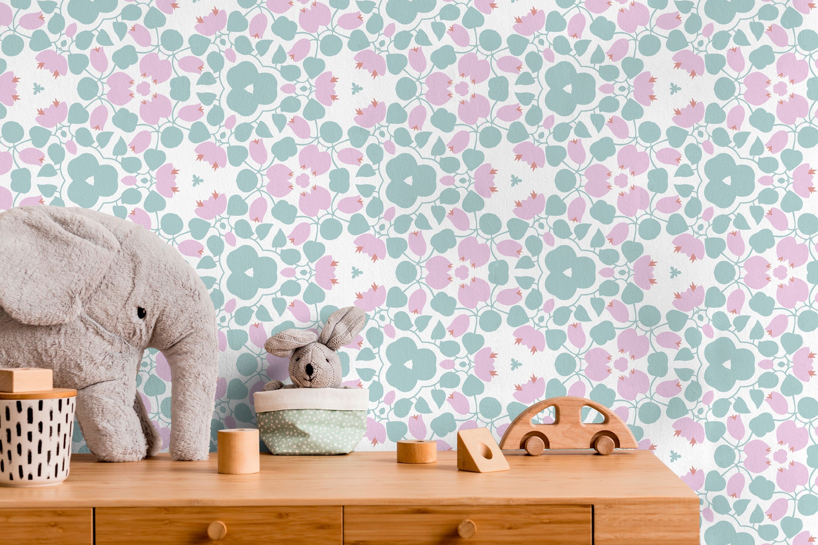Floral Wallpaper With A Symmetrical Blossom Motif In Pink And Teal - X046