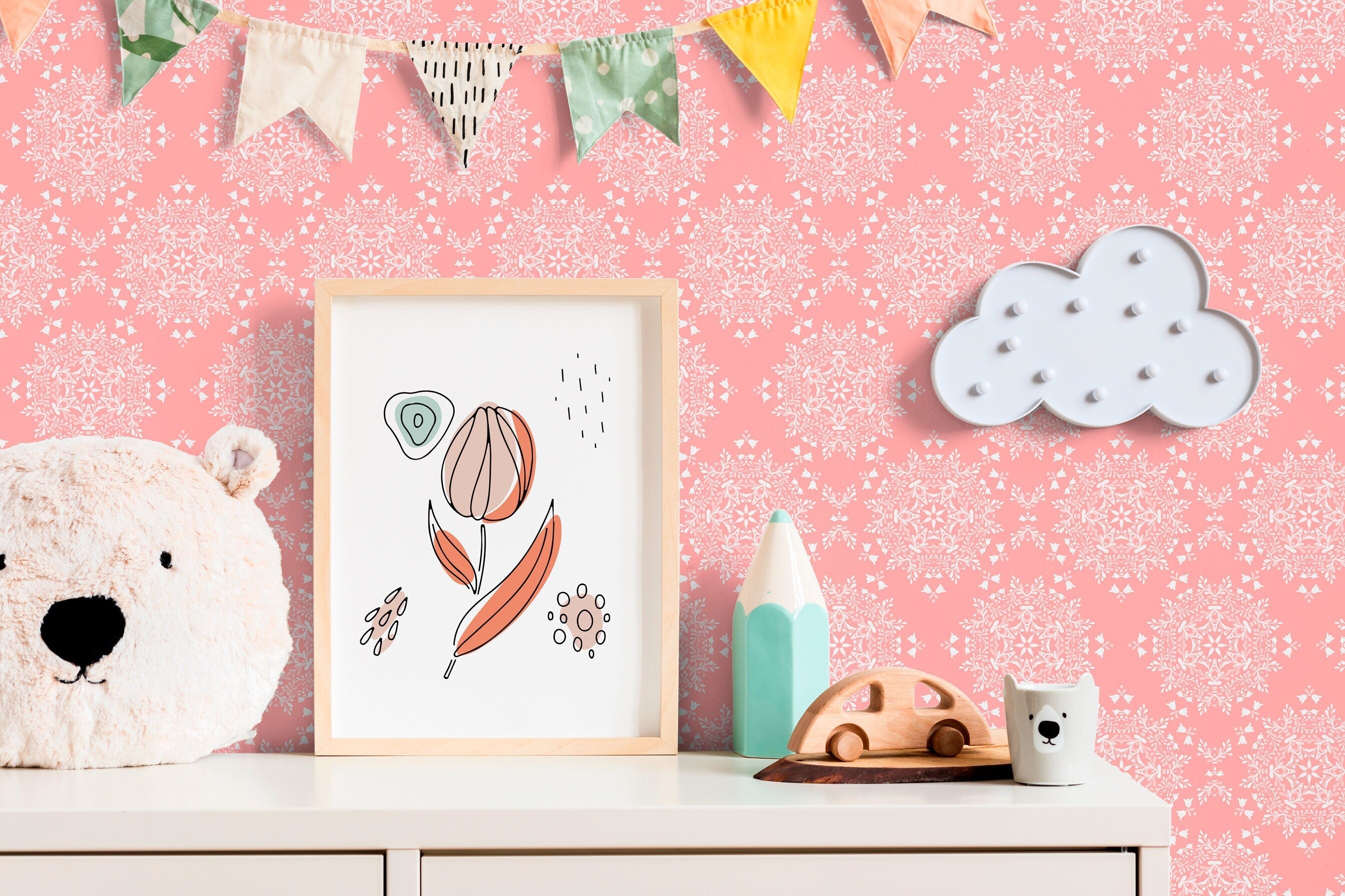 Bohemian Wallpaper With An Intricate Medallion Motif In Pink And White - X057