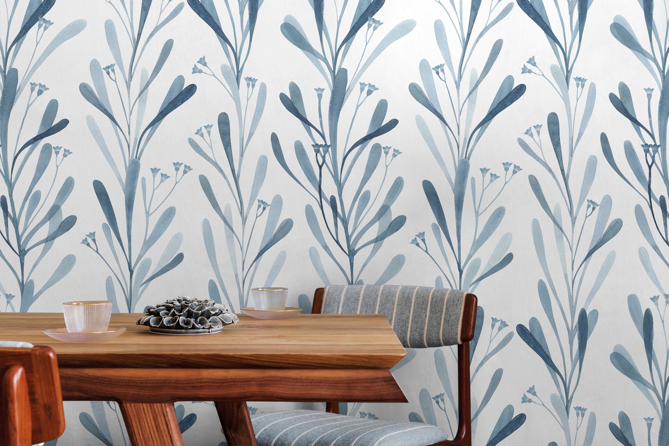 Watercolor Wallpaper Featuring Delicate Floral Stems In Blue - X058