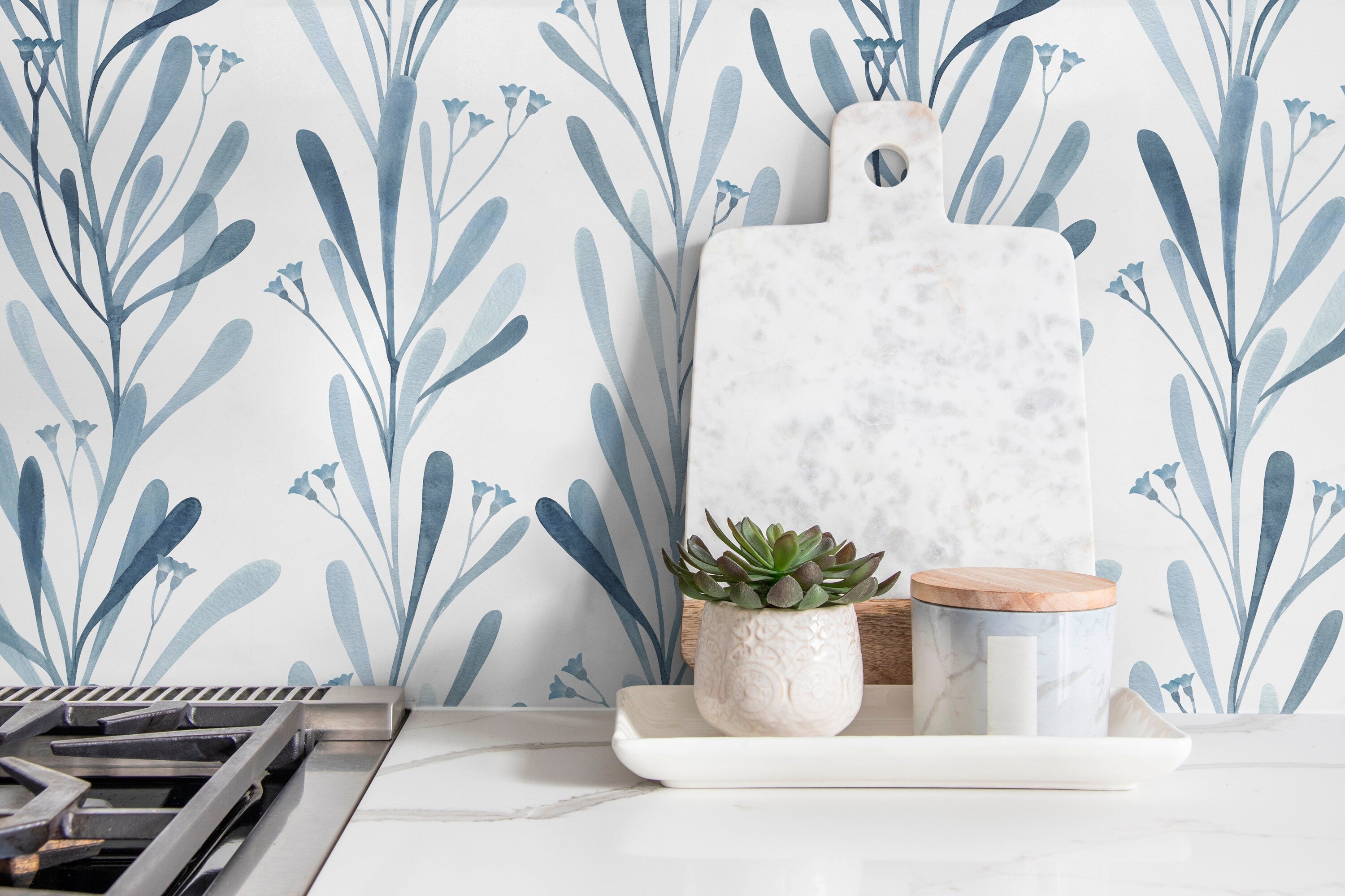 Watercolor Wallpaper Featuring Delicate Floral Stems In Blue - X058