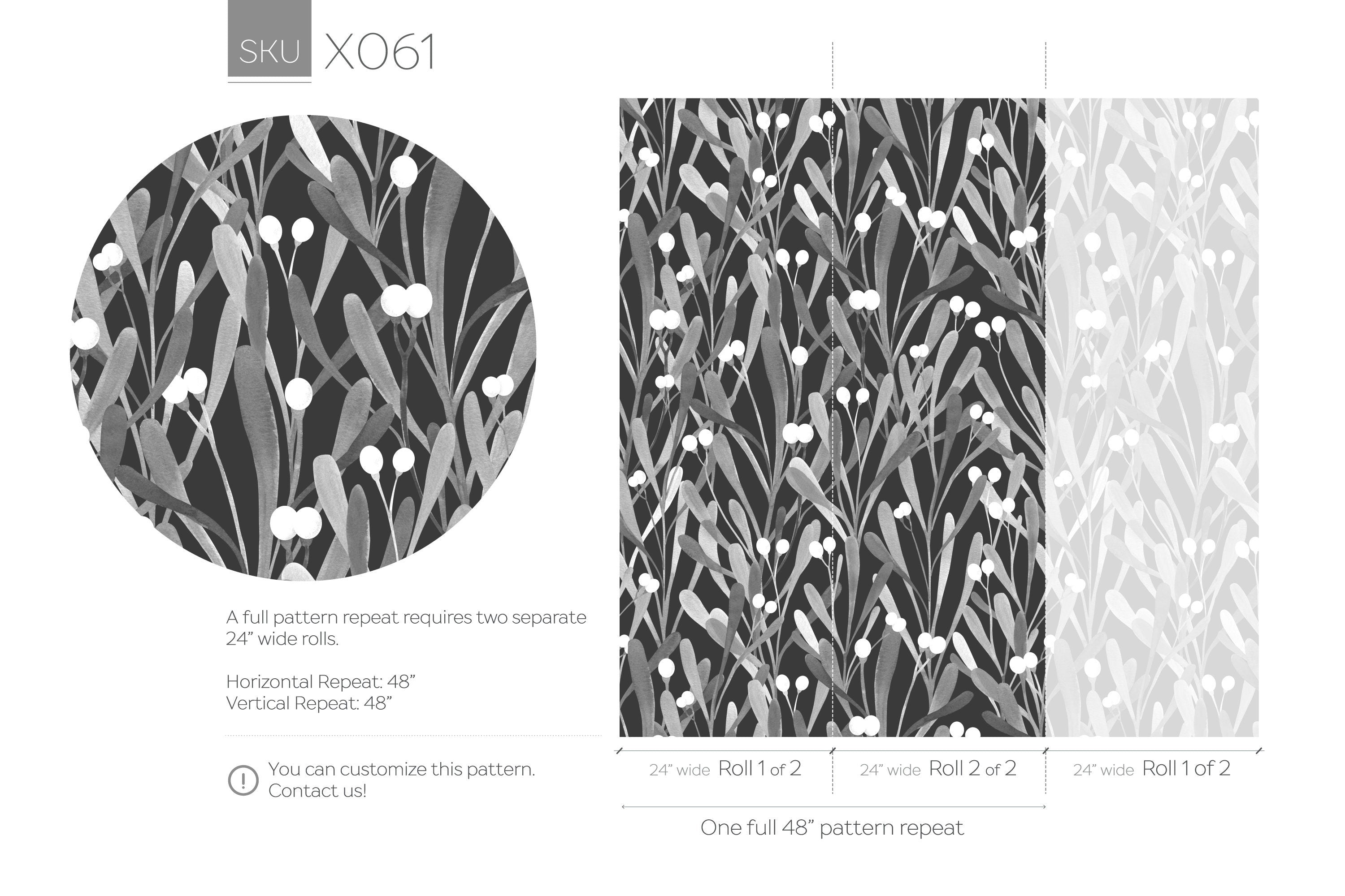 Botanical Wallpaper With Stylized Mistletoe Leaves In Black And Gray - X061