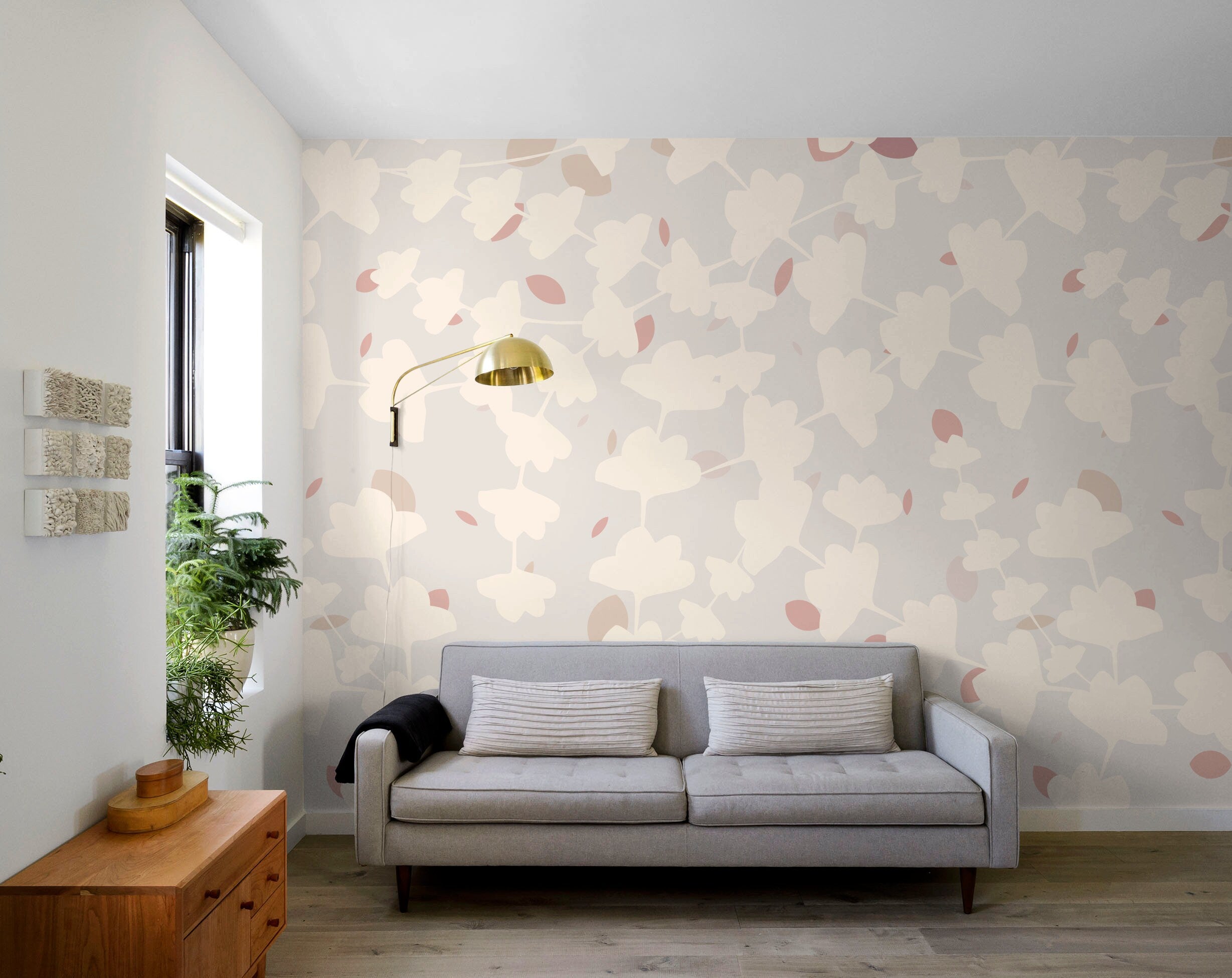 Botanical Wallpaper With Stylized Leaf Silhouettes In Gray, Pink, And Beige - X064