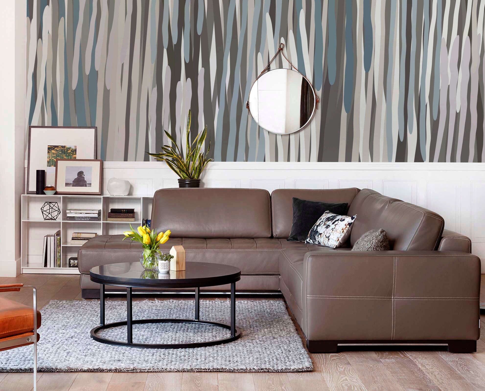 Abstract Wallpaper With An Organic Stripe Motif In Blue, Gray, And Taupe - X065