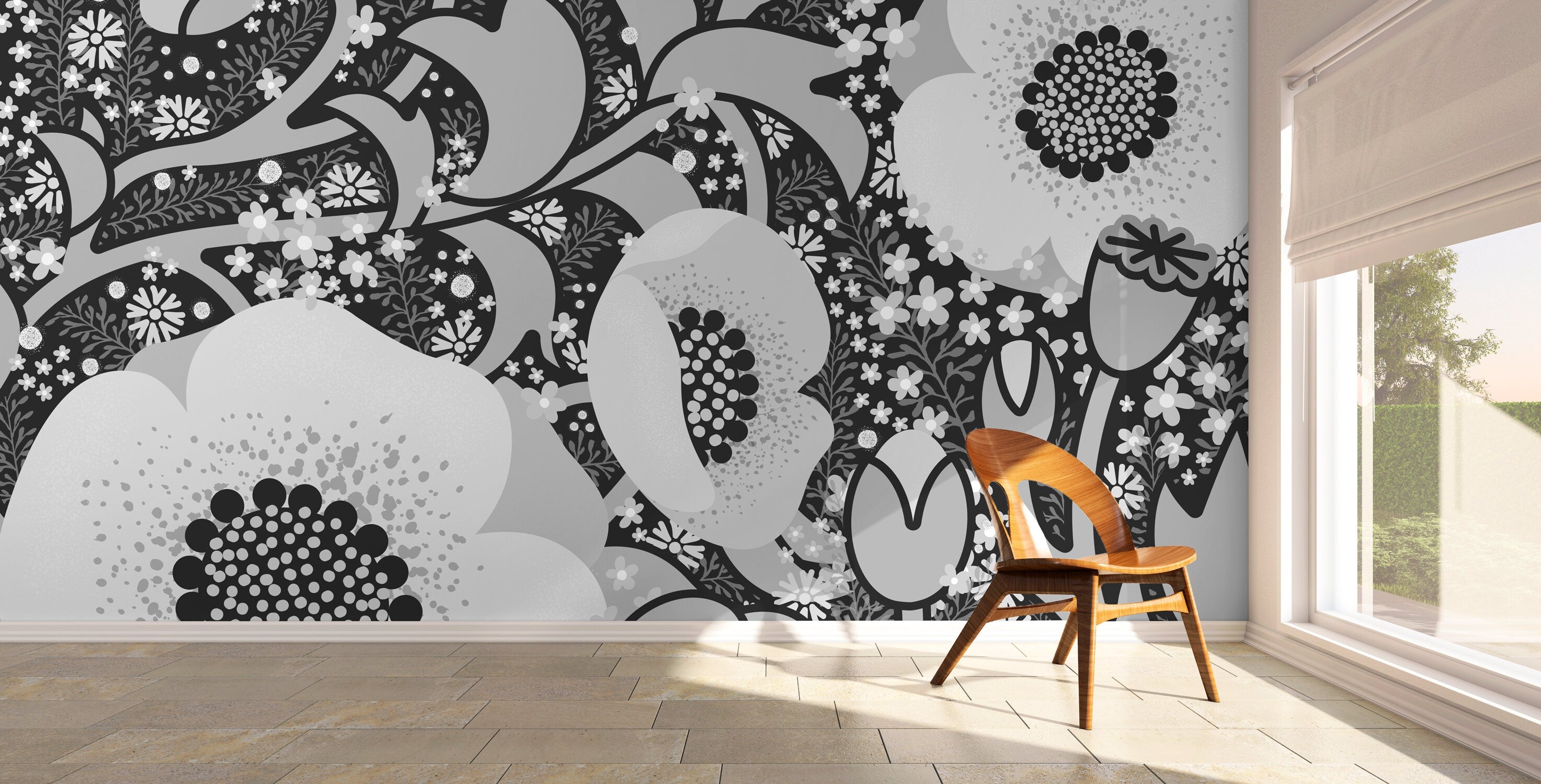 Abstract Wallpaper With A Stylized Floral Mural In Black, Gray, And White - X067