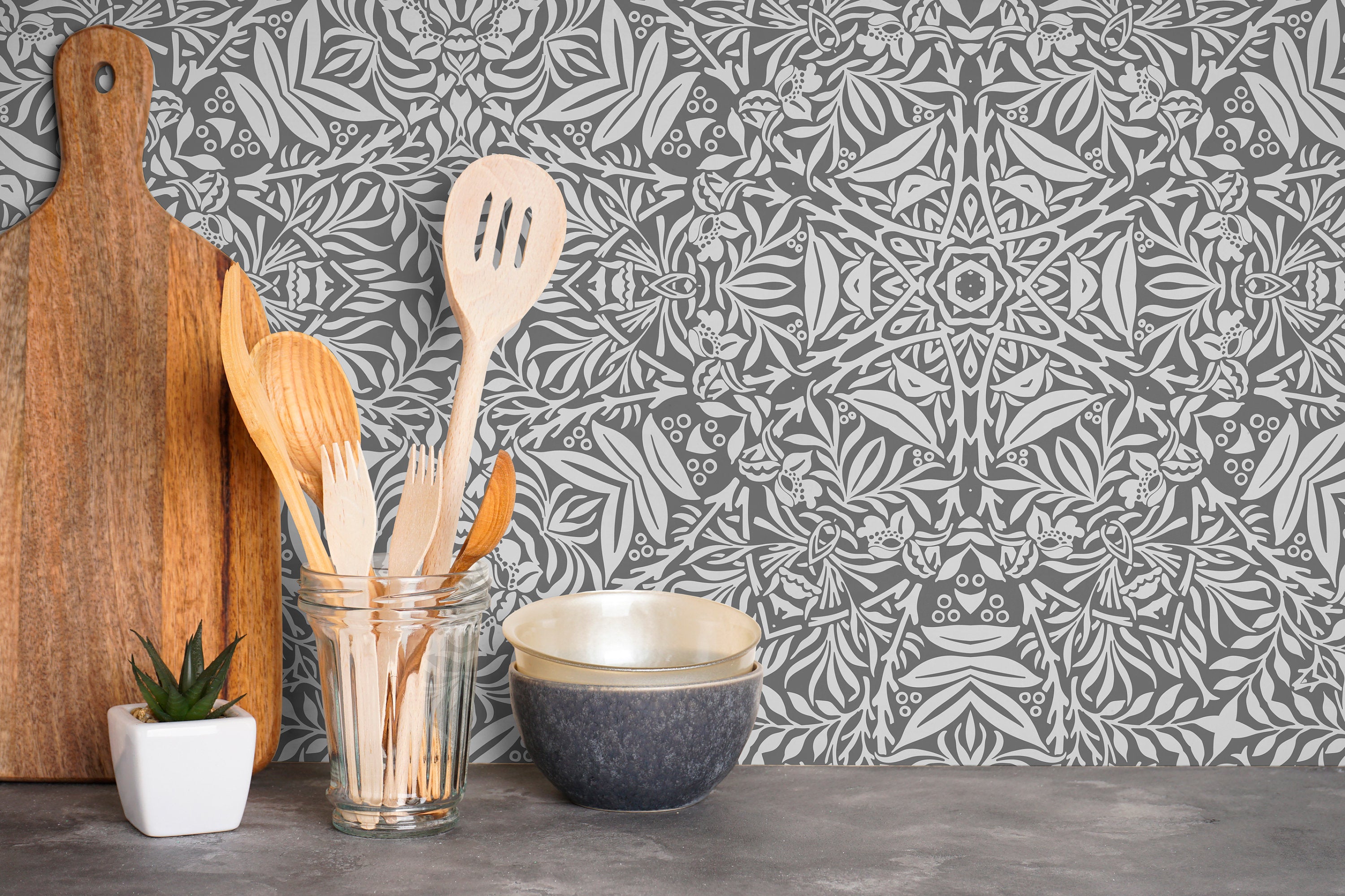 Botanical Wallpaper With A Scandinavian Damask Style In Grey And Light Grey - X075