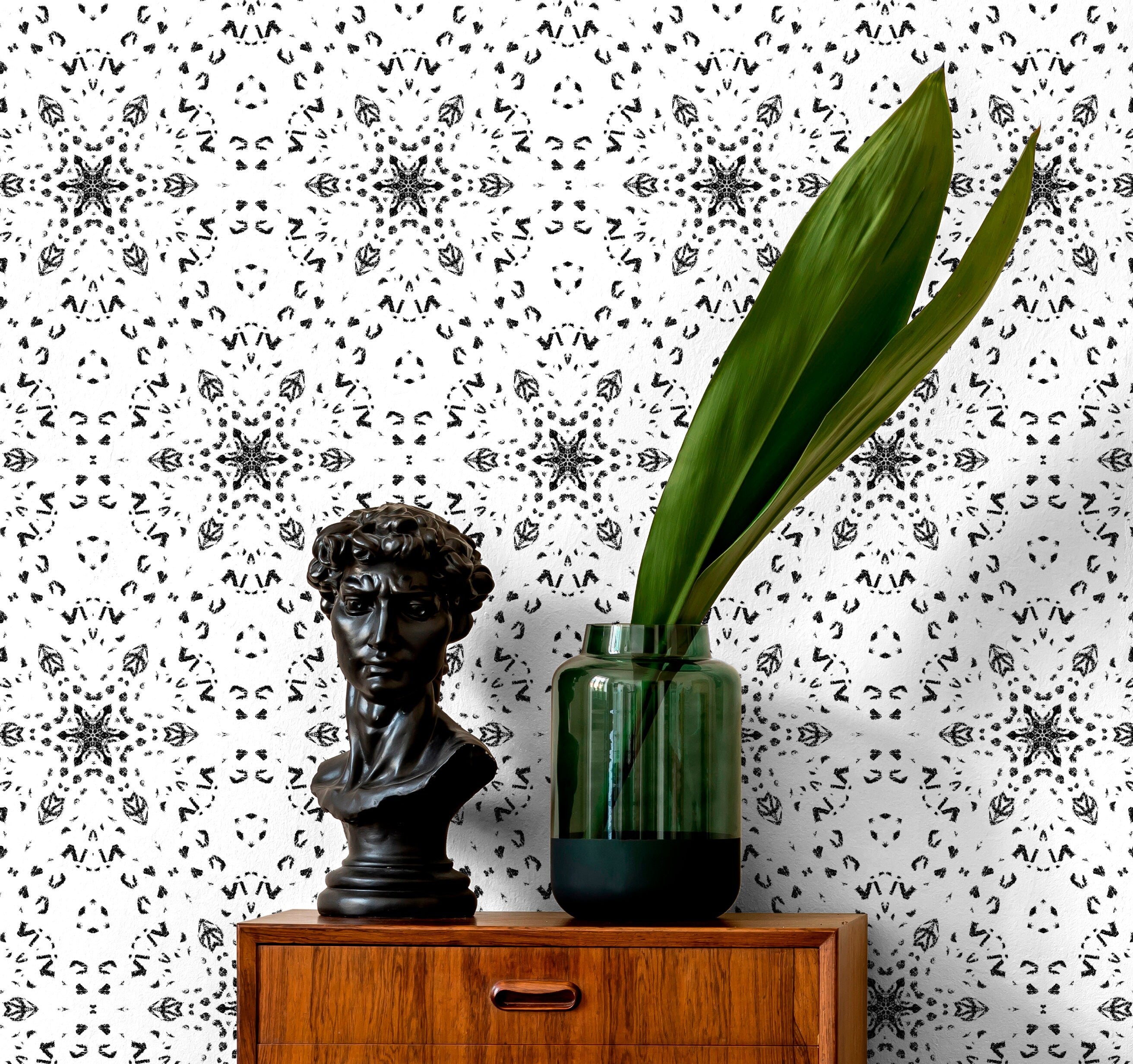 Geometric Wallpaper With A Stamped Kaleidoscope Motif In Black And White - X083