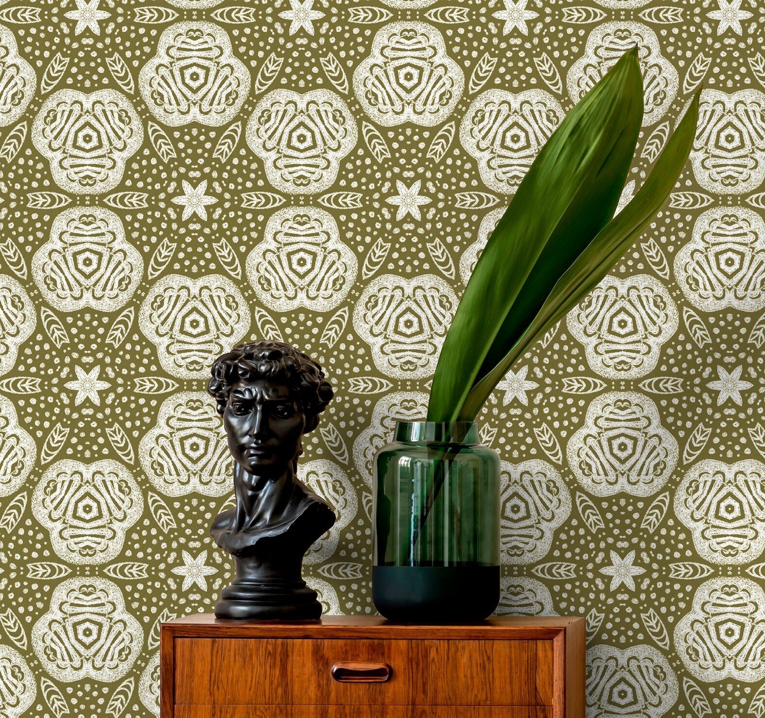 Bohemian Wallpaper With Folk Art Medallions In Olive Green And White - X098