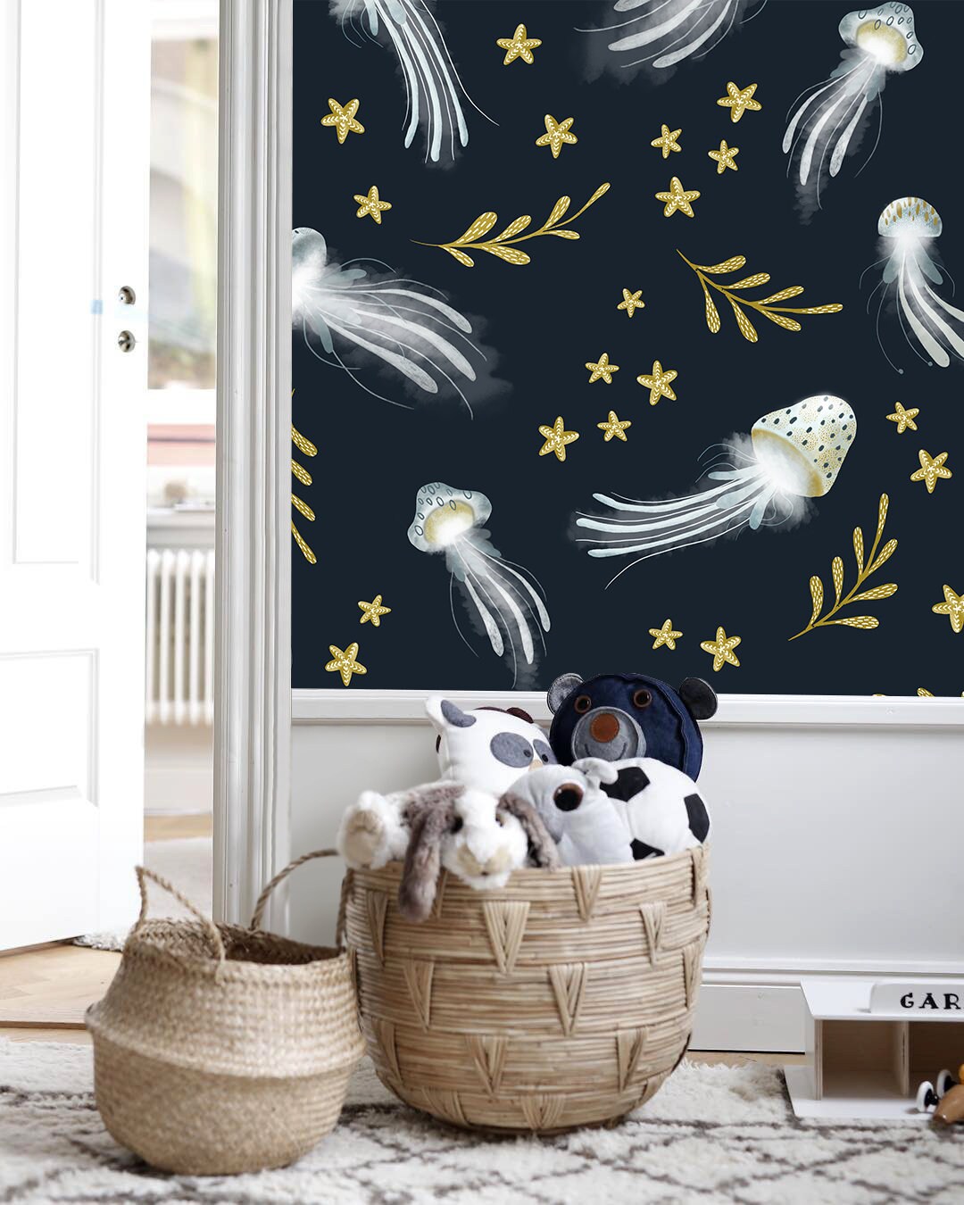 Nautical Wallpaper With Whimsical Jellyfish In Navy Blue, Gold, And White - X120