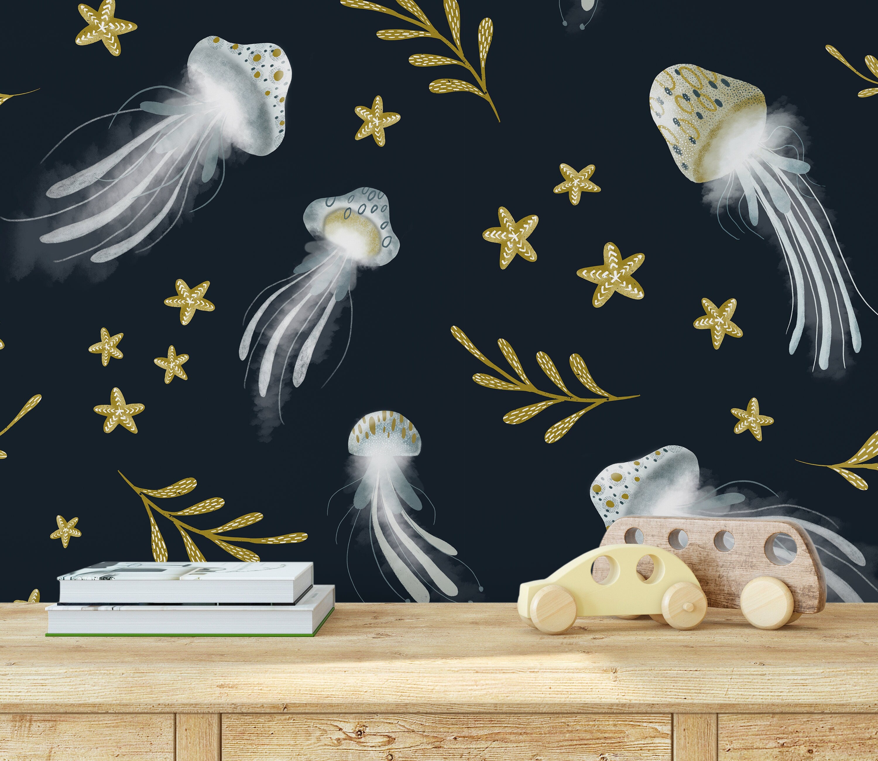 Nautical Wallpaper With Whimsical Jellyfish In Navy Blue, Gold, And White - X120