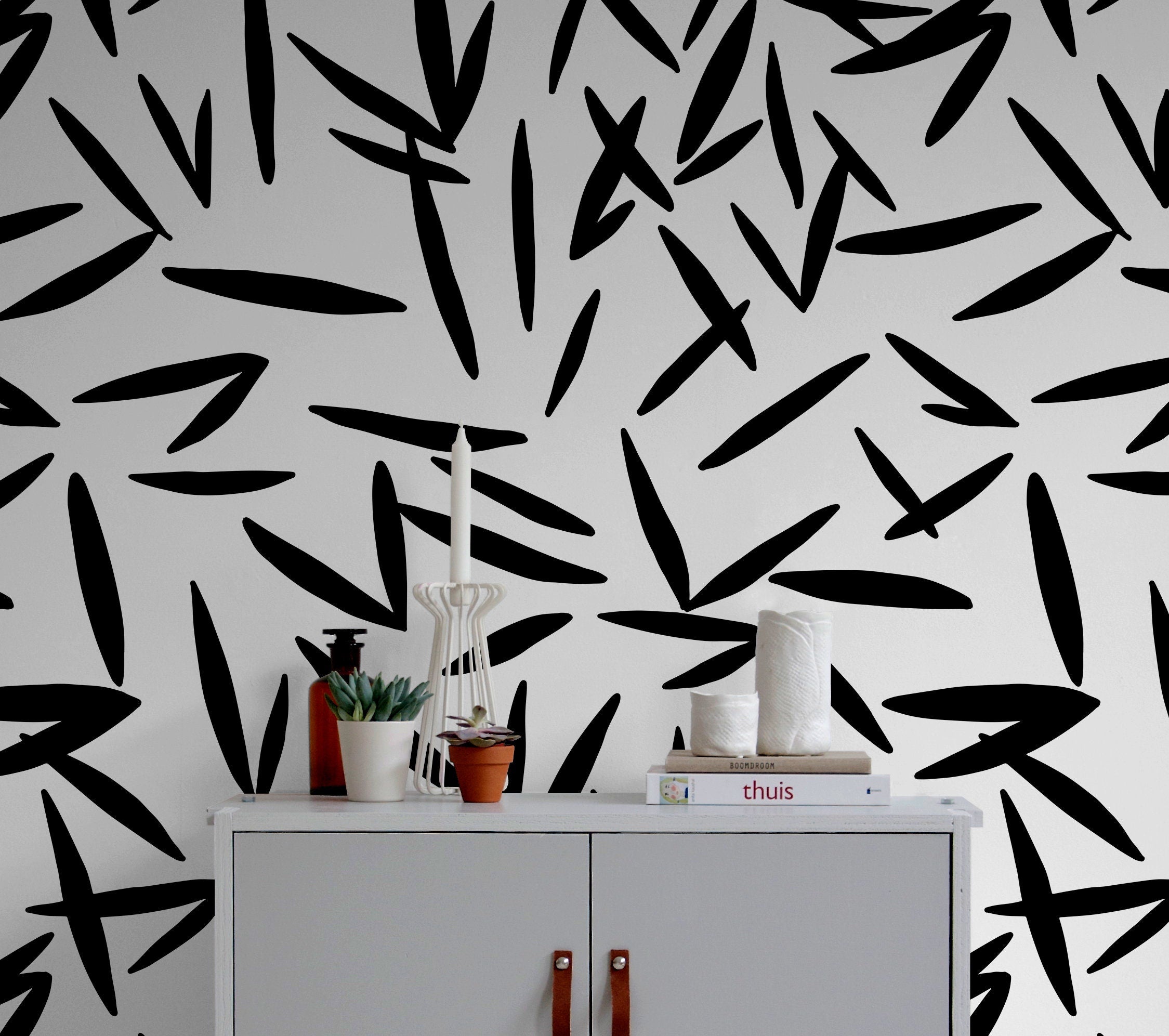 Scandinavian Wallpaper With Abstract Leaf Shapes In Black And White - X118
