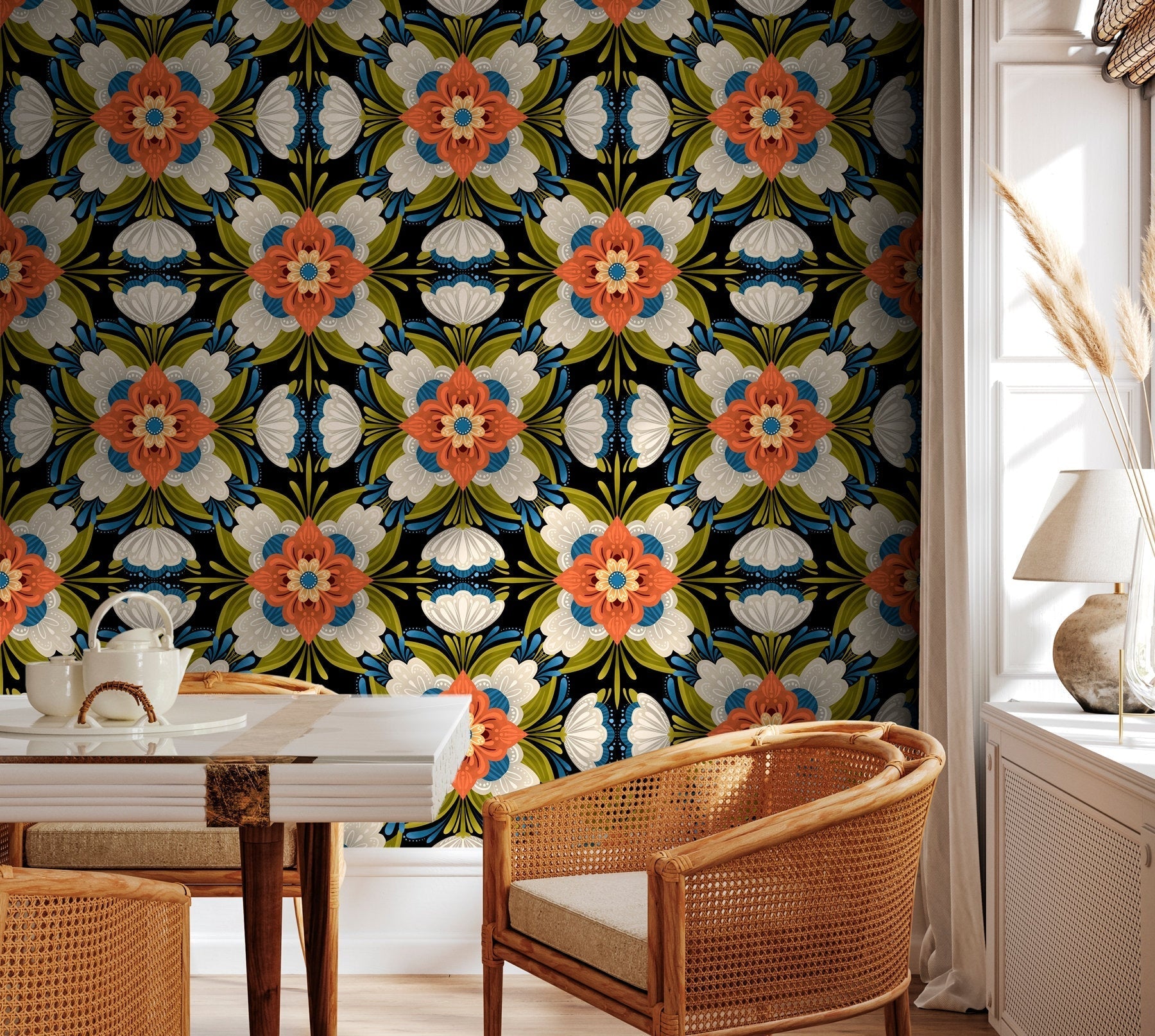 Folk Art Wallpaper With An Arabesque Floral Design In Orange, Blue, And Green - X123