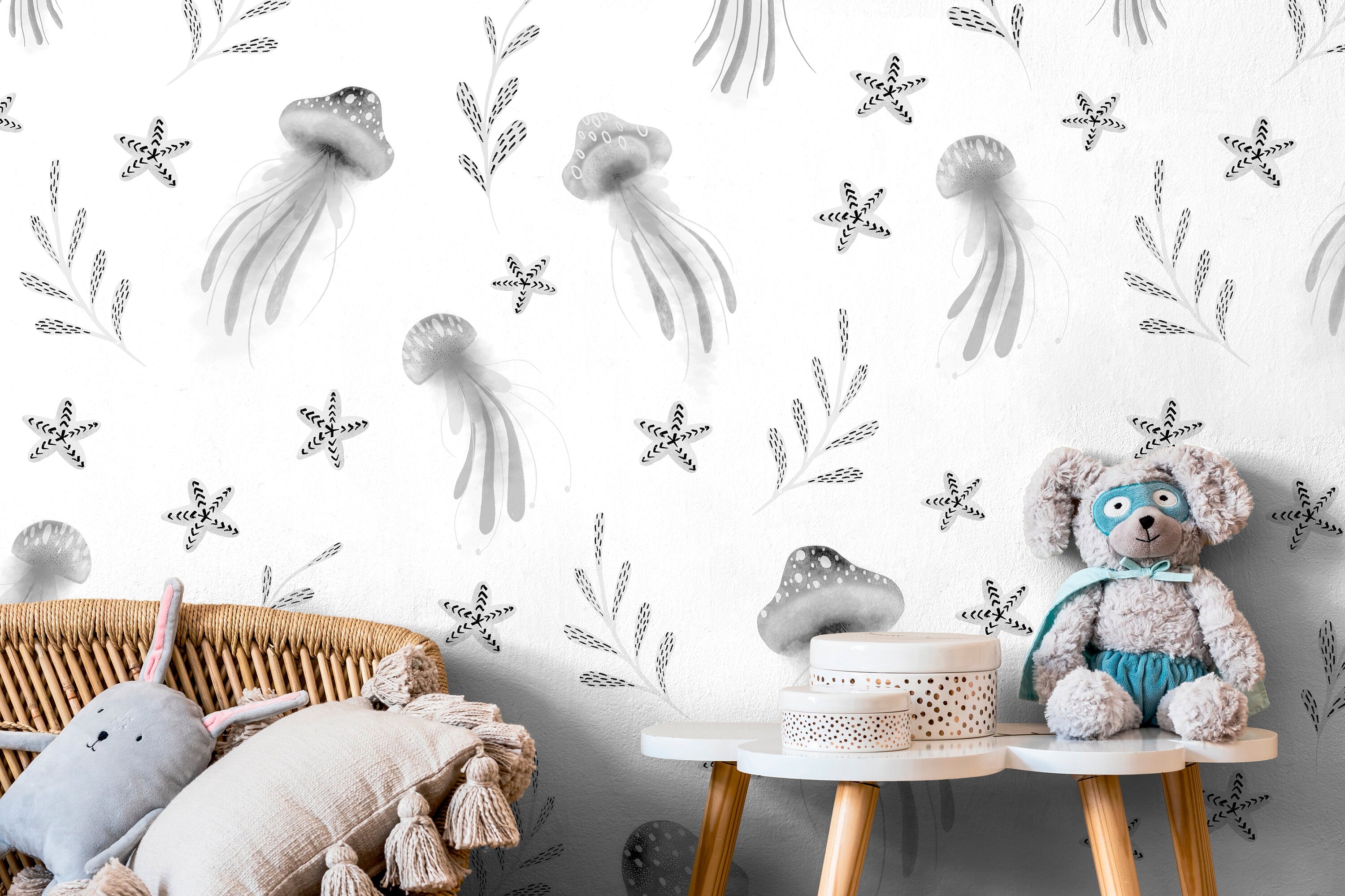 Nautical Wallpaper With Watercolor Jellyfish In Gray And Black - X119