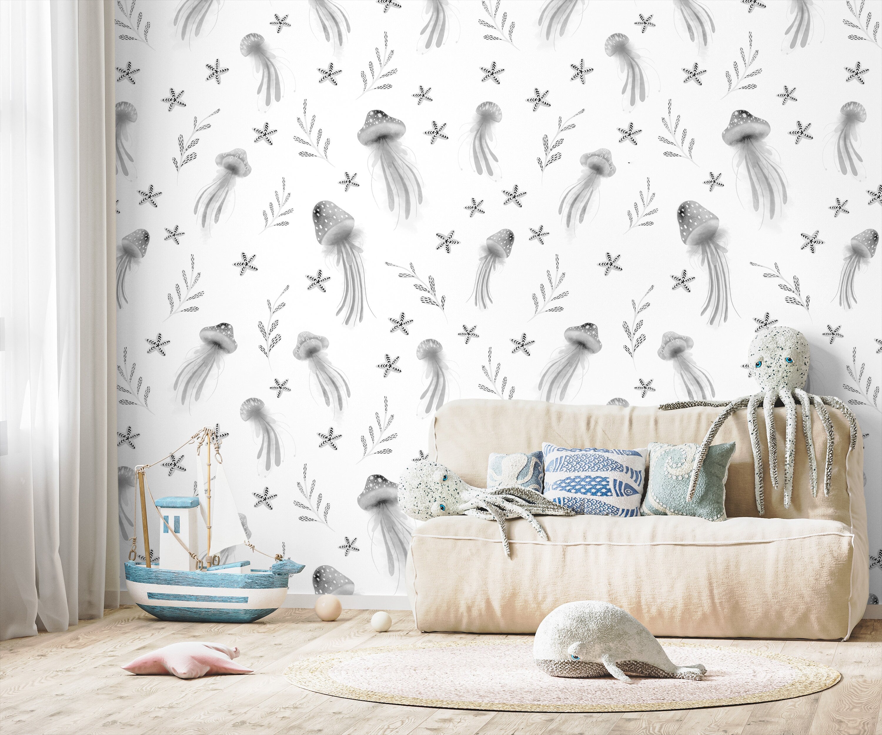 Nautical Wallpaper With Watercolor Jellyfish In Gray And Black - X119