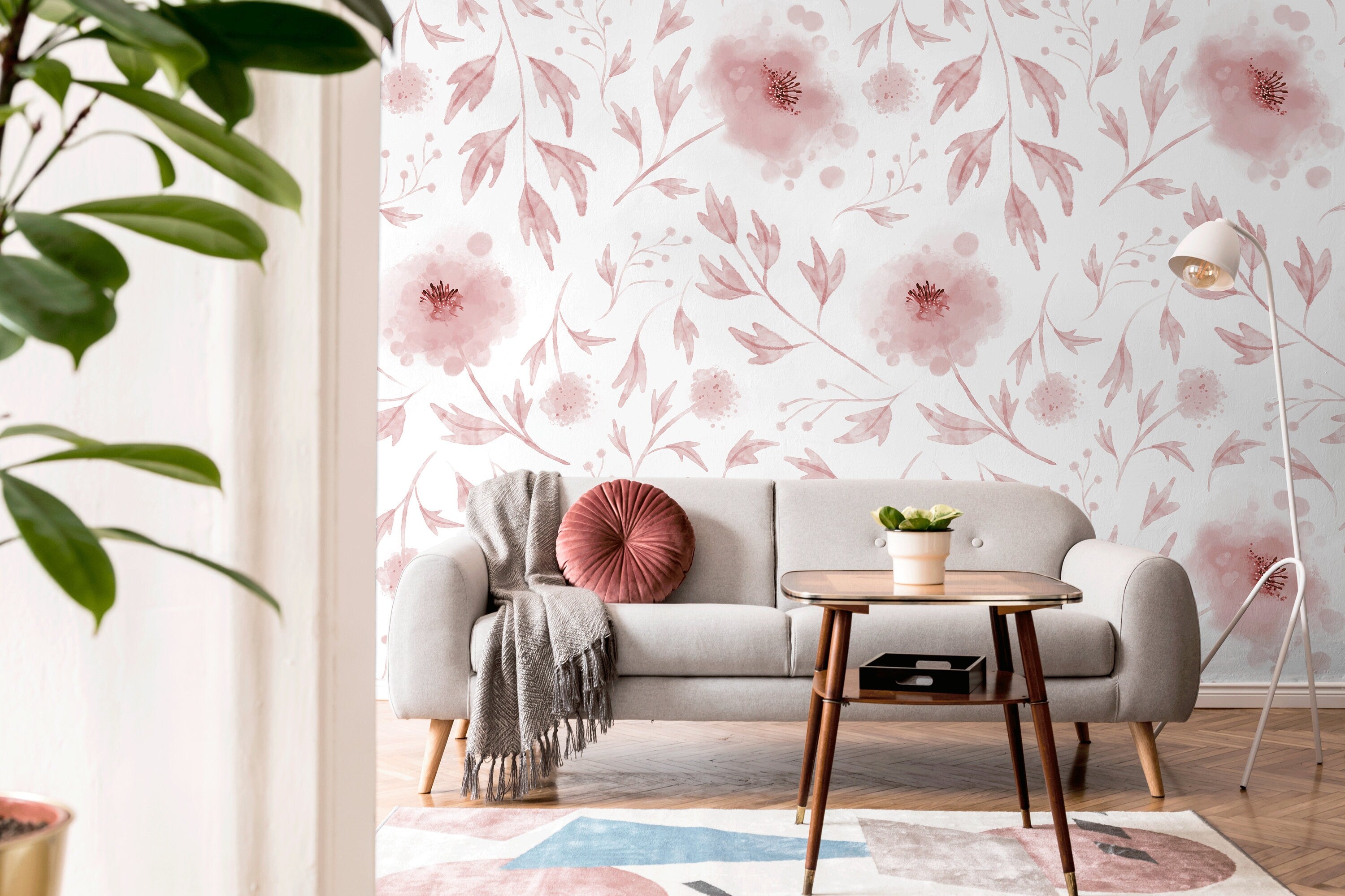 Watercolor Wallpaper With A Delicate Poppy Motif In Pink And Burgundy - X126