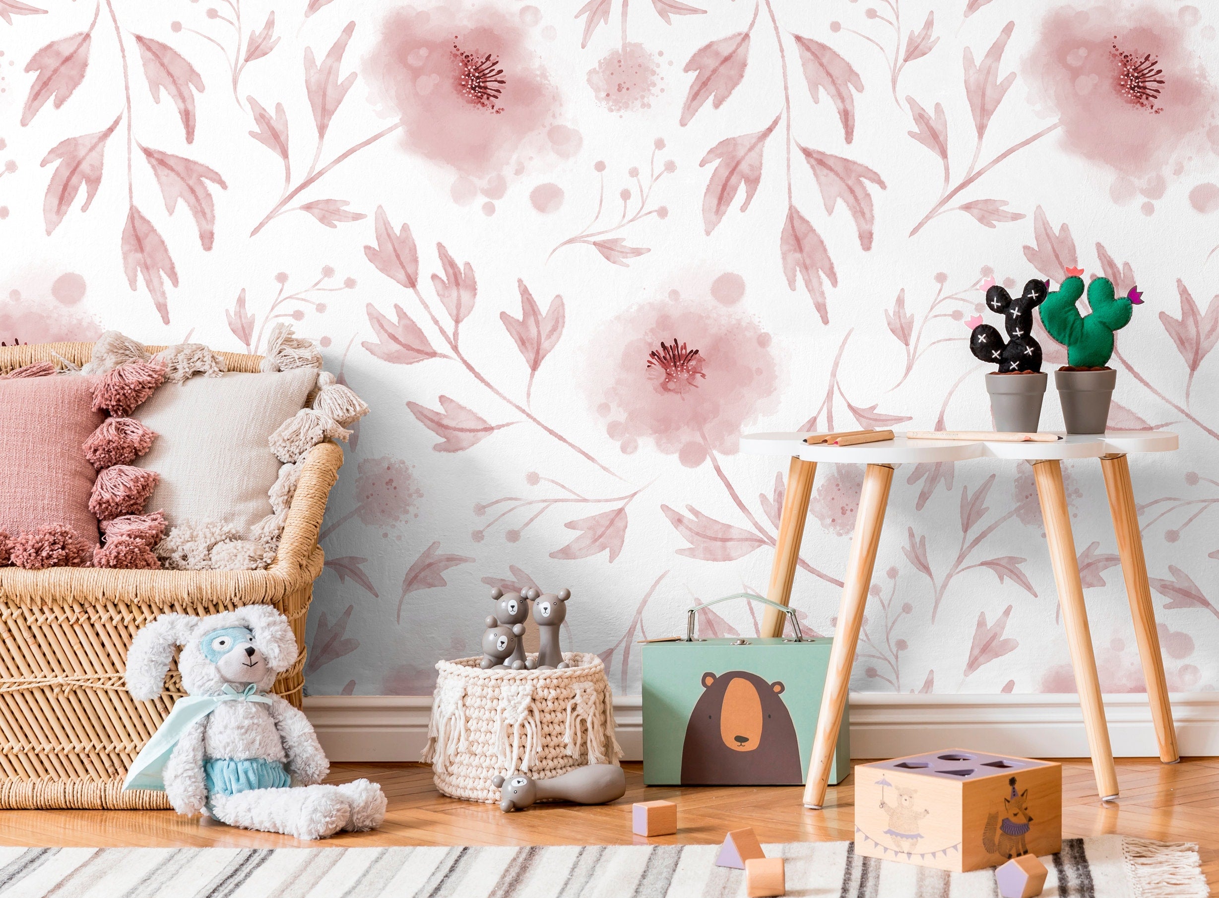 Watercolor Wallpaper With A Delicate Poppy Motif In Pink And Burgundy - X126