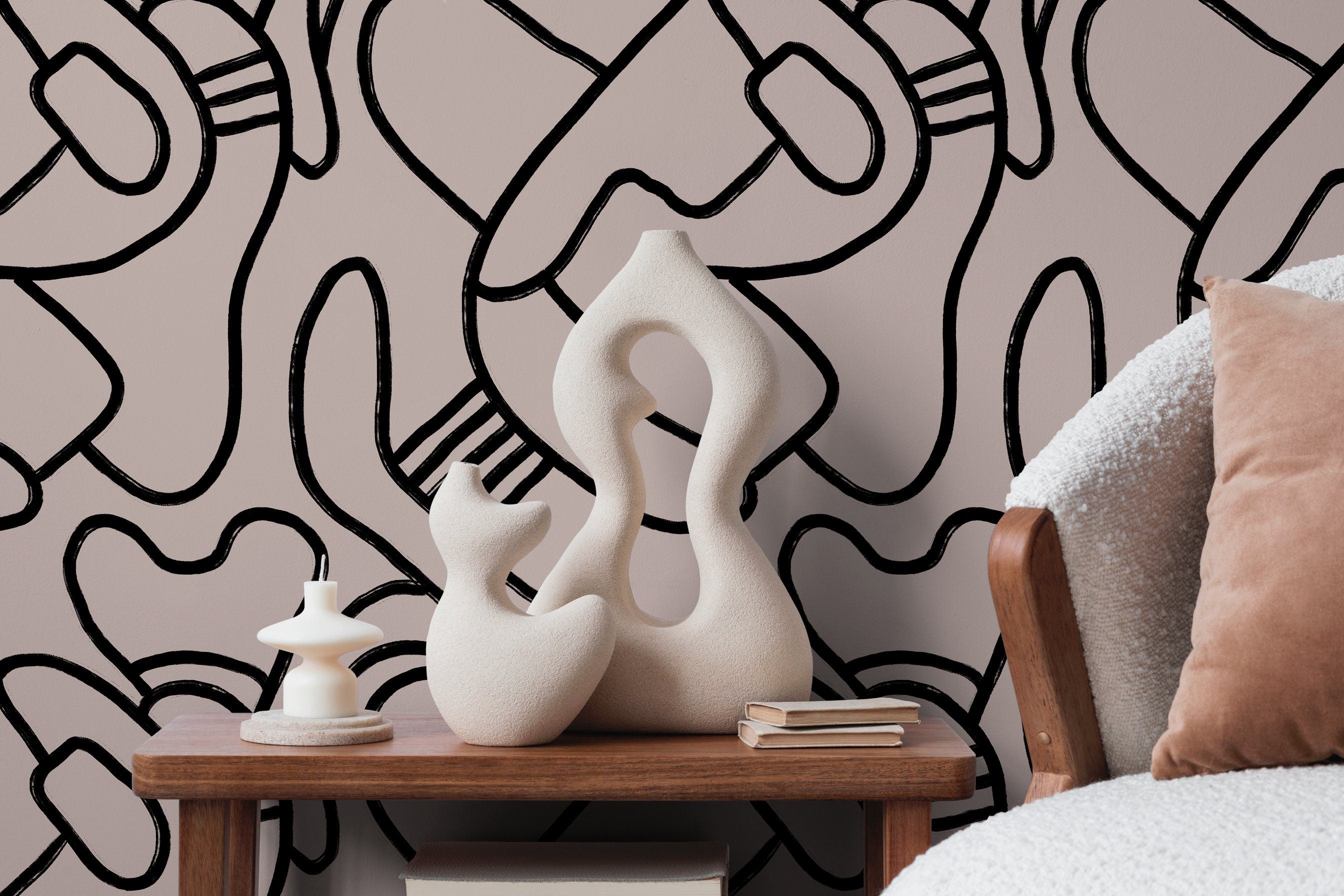 Abstract Wallpaper With Bold Hand-drawn Lines In Black And Taupe - X108