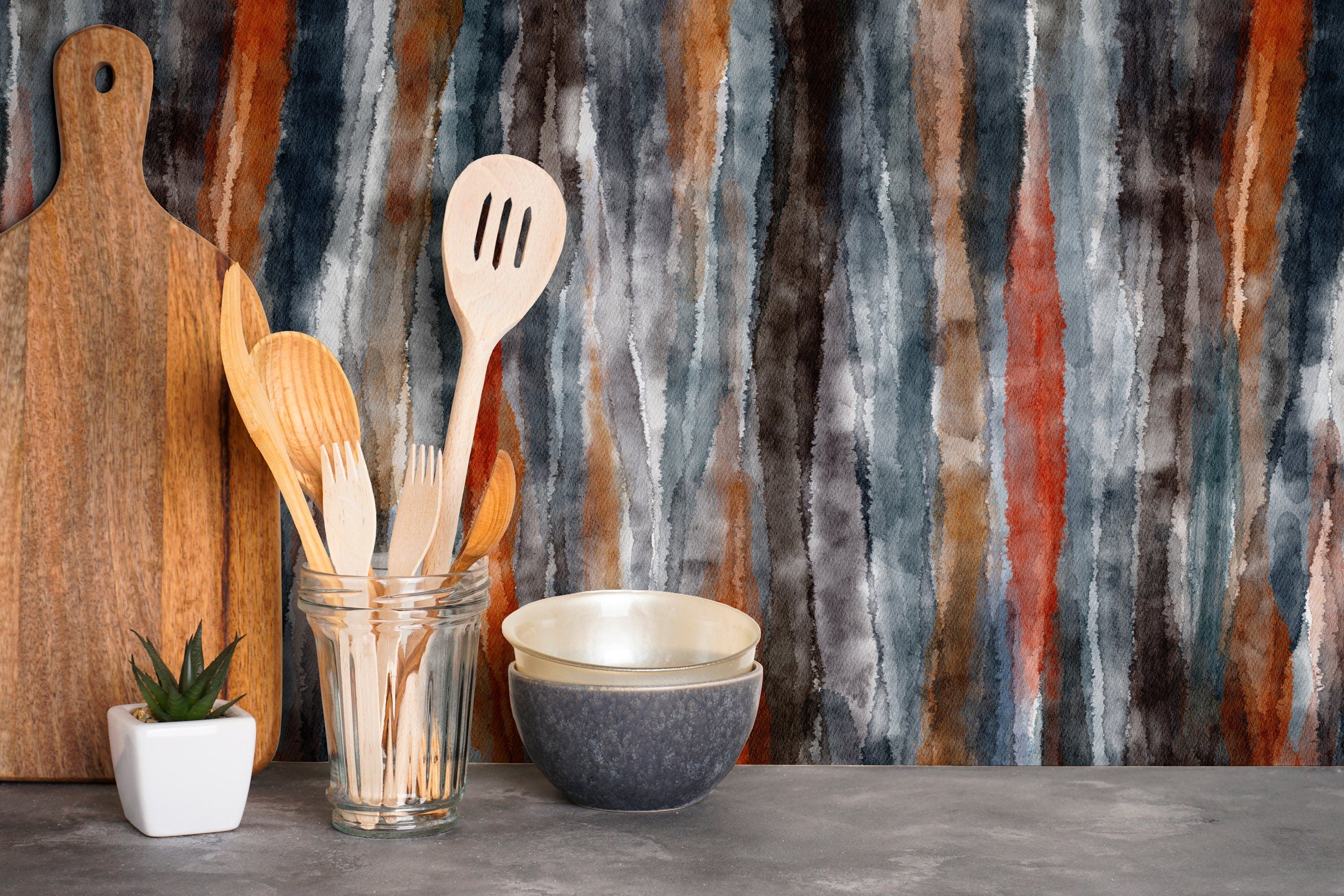 Abstract Wallpaper With Vertical Watercolor Stripes In Gray, Rust, And Brown - X105
