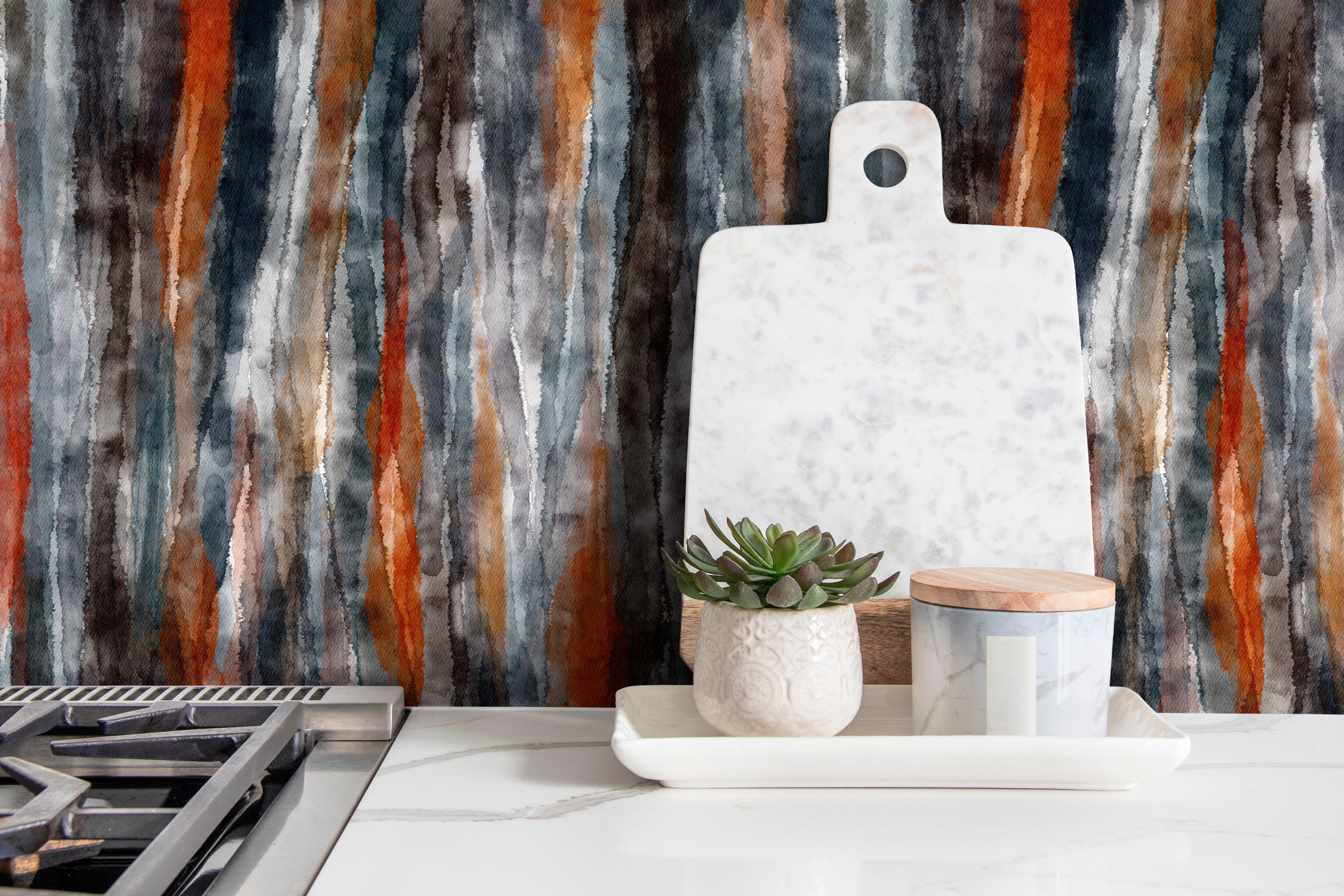 Abstract Wallpaper With Vertical Watercolor Stripes In Gray, Rust, And Brown - X105