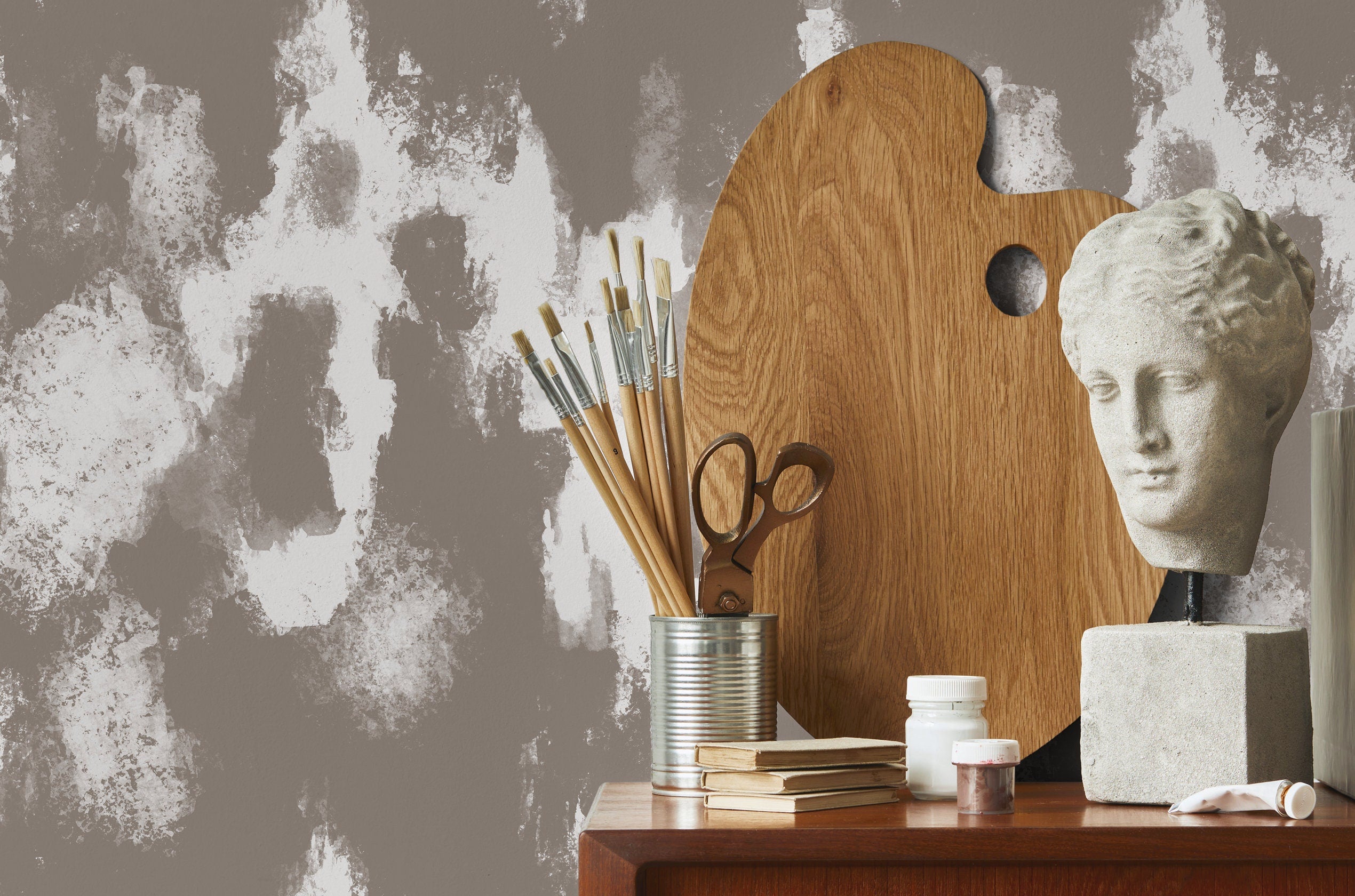 Abstract Wallpaper With A Painterly Effect In Taupe And White - X115