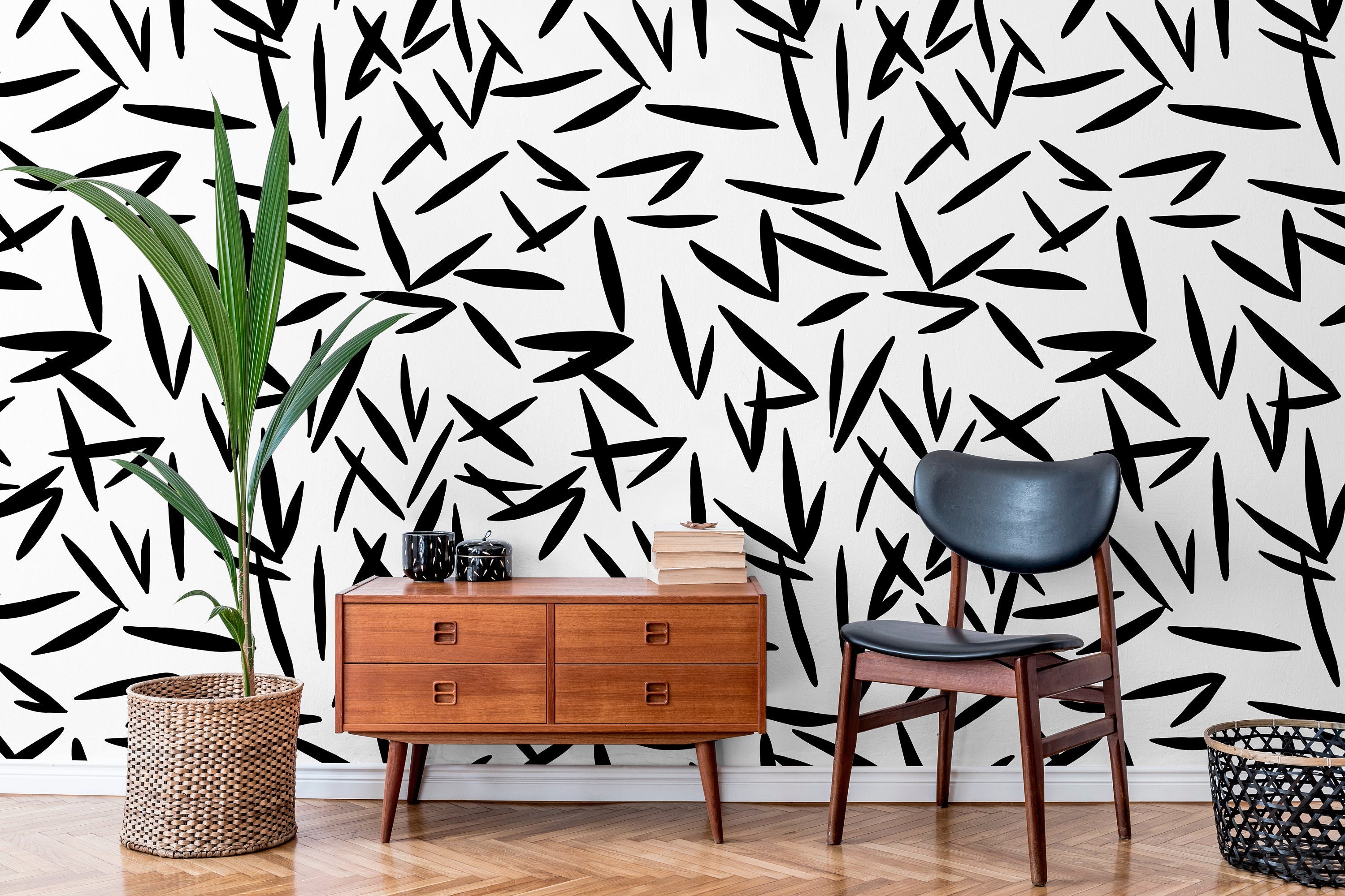 Scandinavian Wallpaper With Abstract Leaf Shapes In Black And White - X118