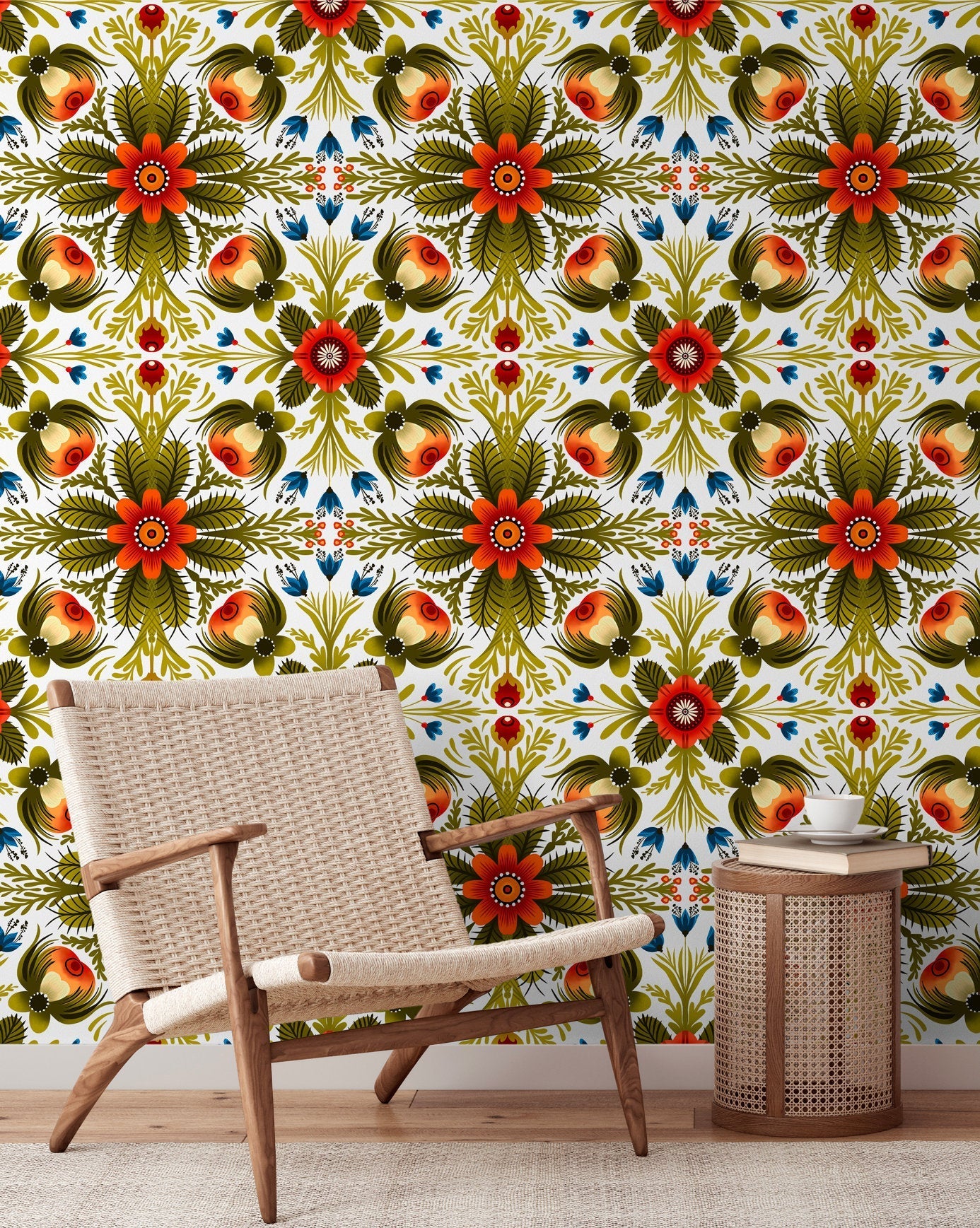 Folk Art Wallpaper With An Arabesque Floral Motif In Red, Green, And Blue - X122