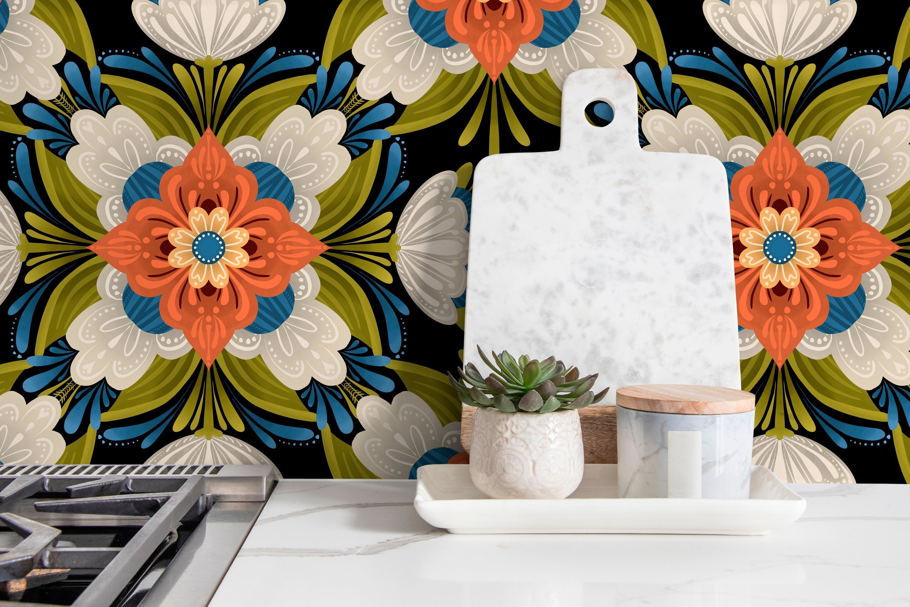 Folk Art Wallpaper With An Arabesque Floral Design In Orange, Blue, And Green - X123