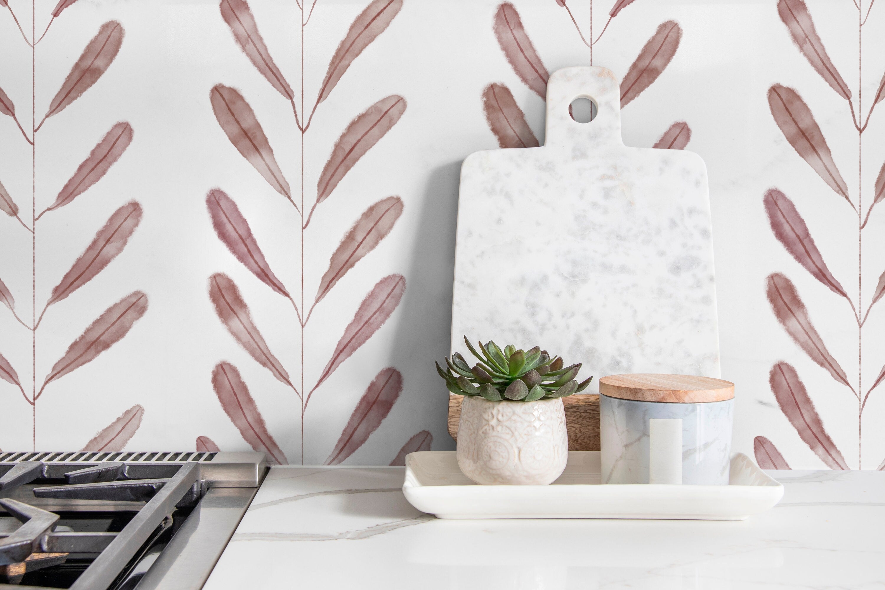 Botanical Wallpaper With A Delicate Watercolor Leaf Motif In Rose - X134
